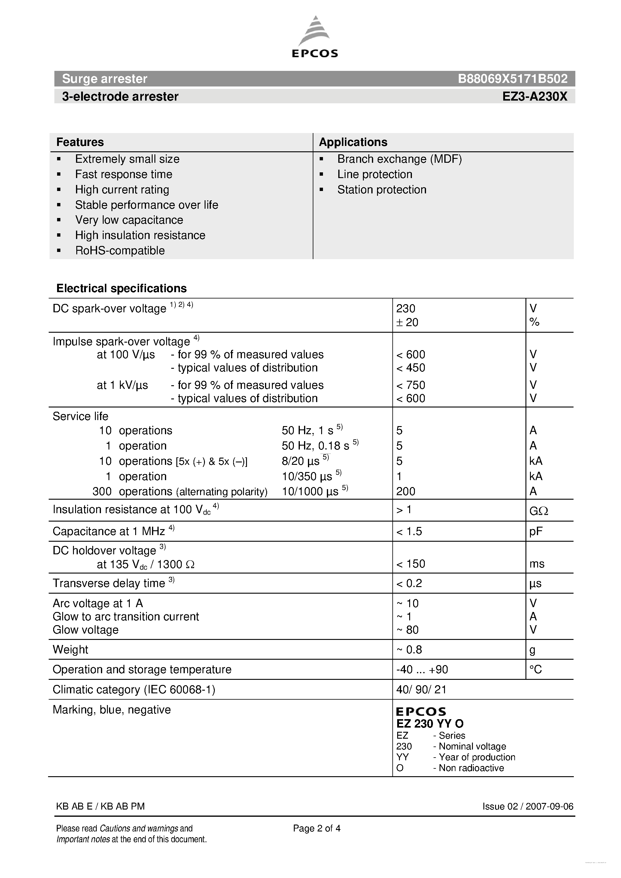 Datasheet EZ3-A230X - 3-electrode arrester page 2