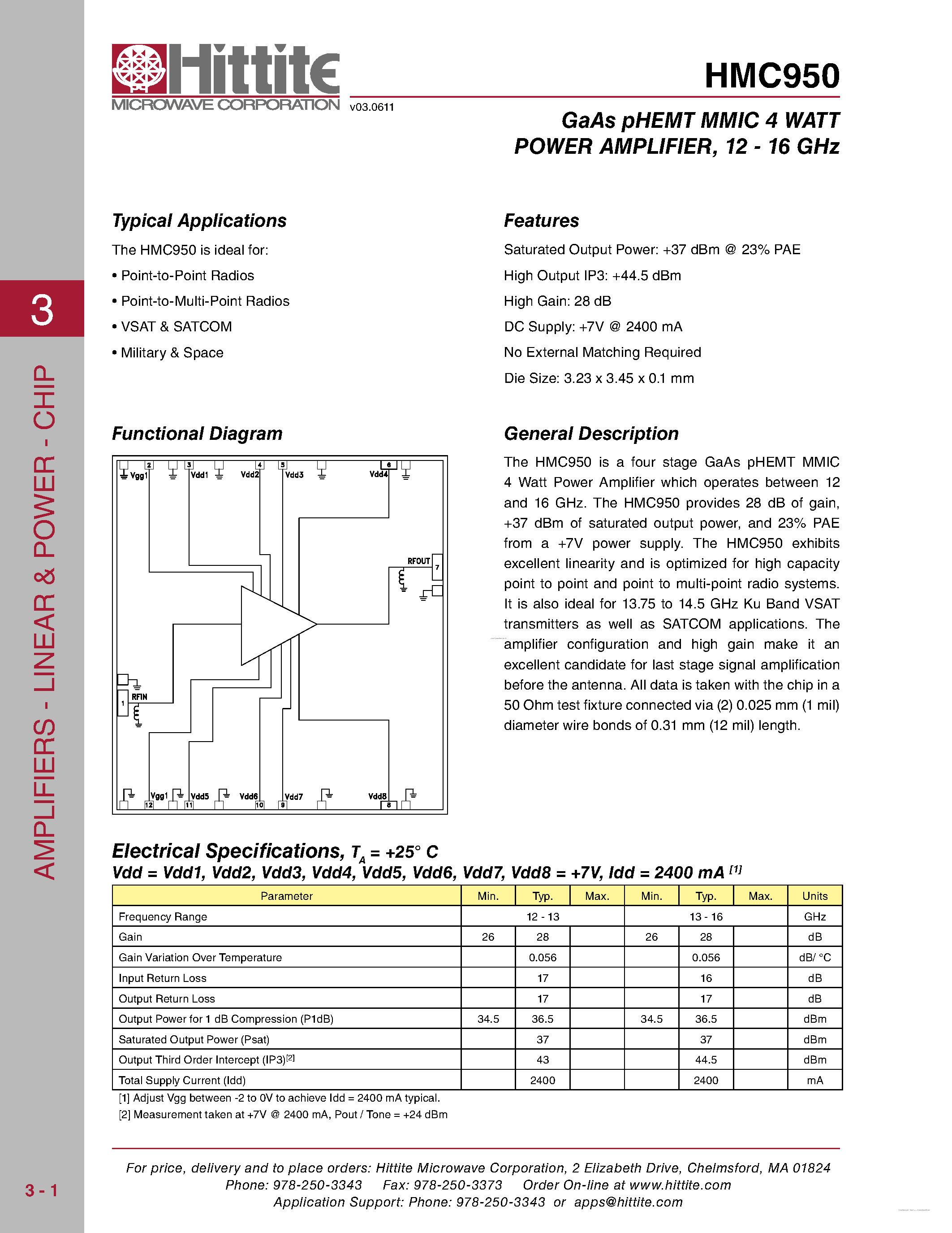 Даташит HMC950 - GaAs pHEMT MMIC 4 WATT POWER AMPLIFIER страница 1