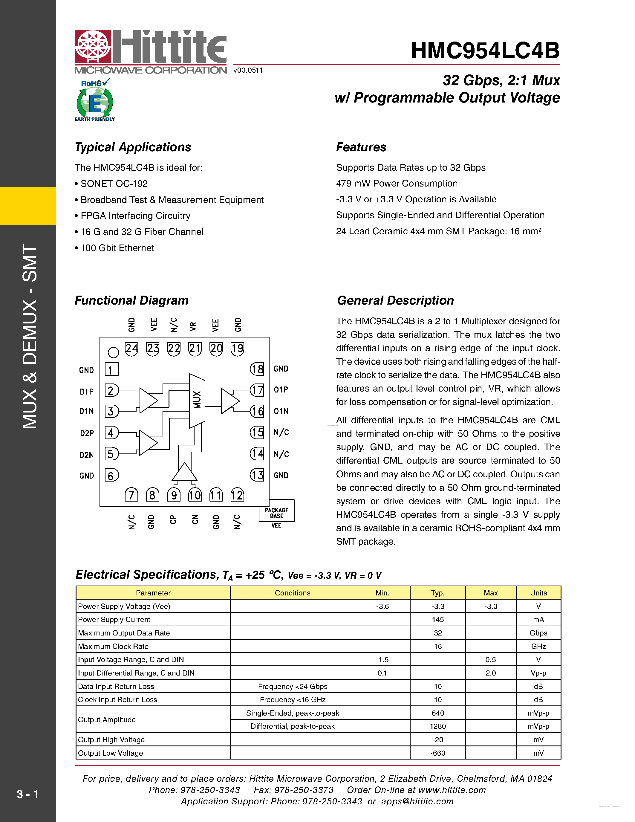 Datasheet HMC954LC4B - 2:1 Mux w/ Programmable Output Voltage page 1