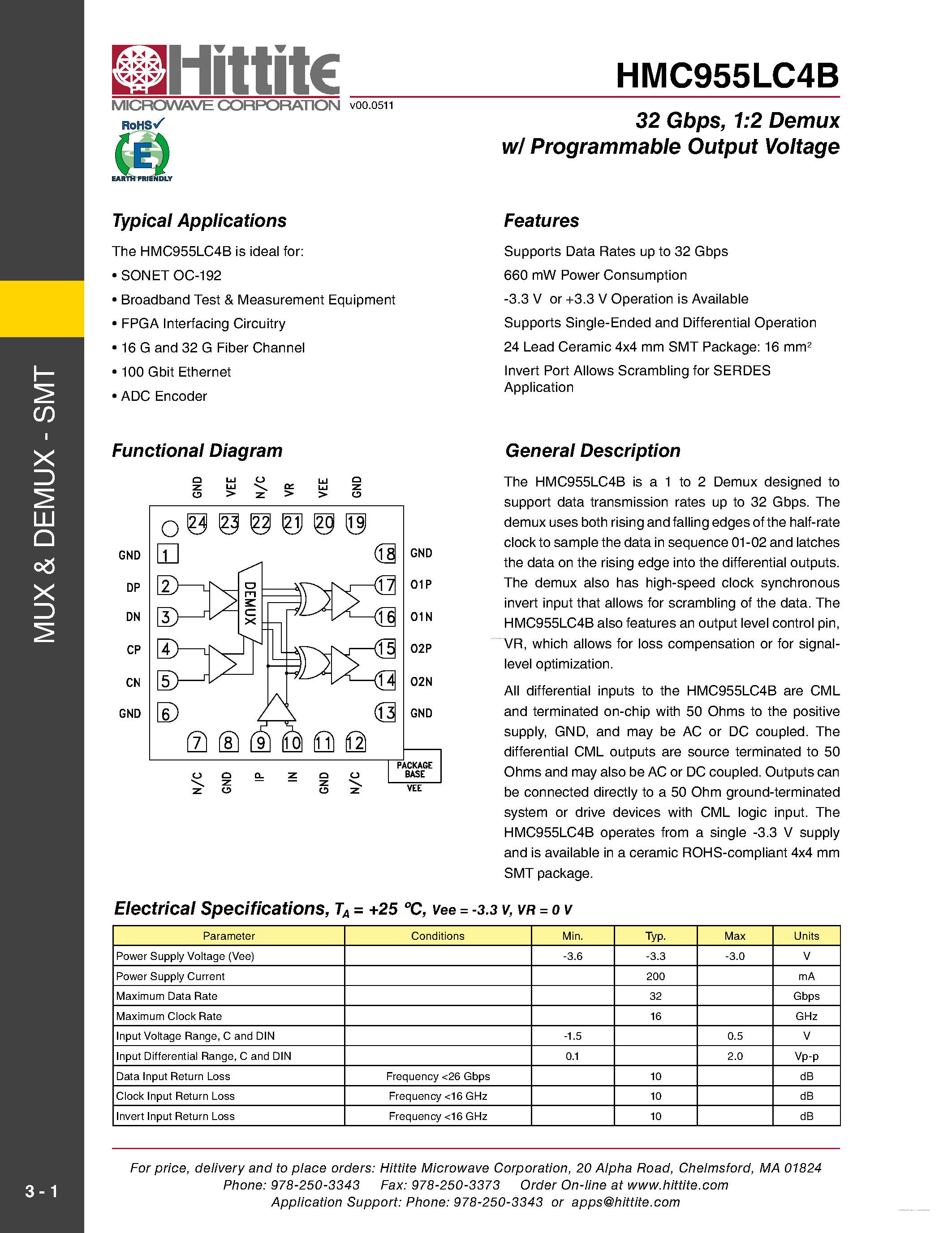 Datasheet HMC955LC4B - 1:2 Demux w/ Programmable Output Voltage page 1