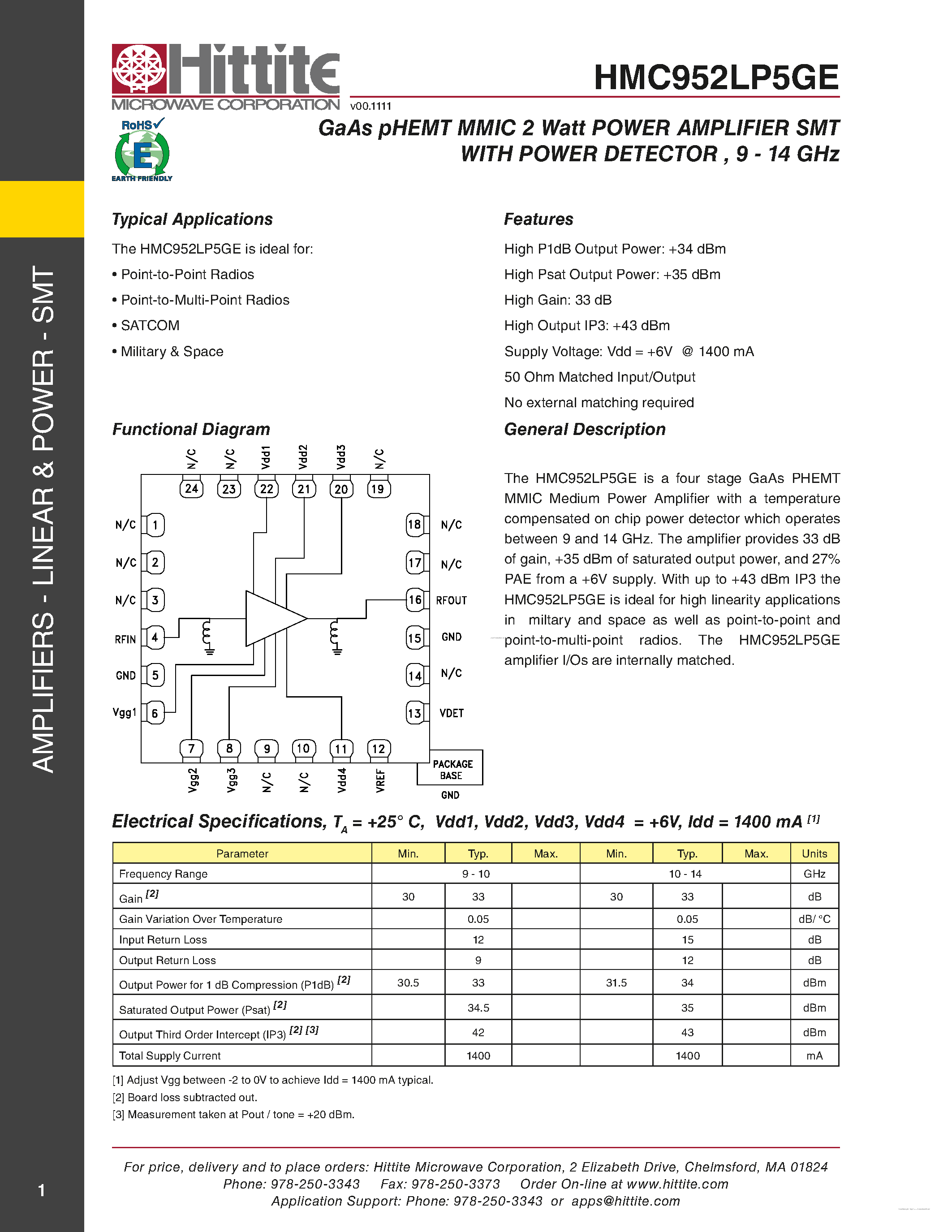 Даташит на микросхему HMC952LP5GE страница 1 Даташит HMC952LP5GE - GaAs pHEMT MMIC 2 Watt POWER AMPLIFIER SMT страница 1