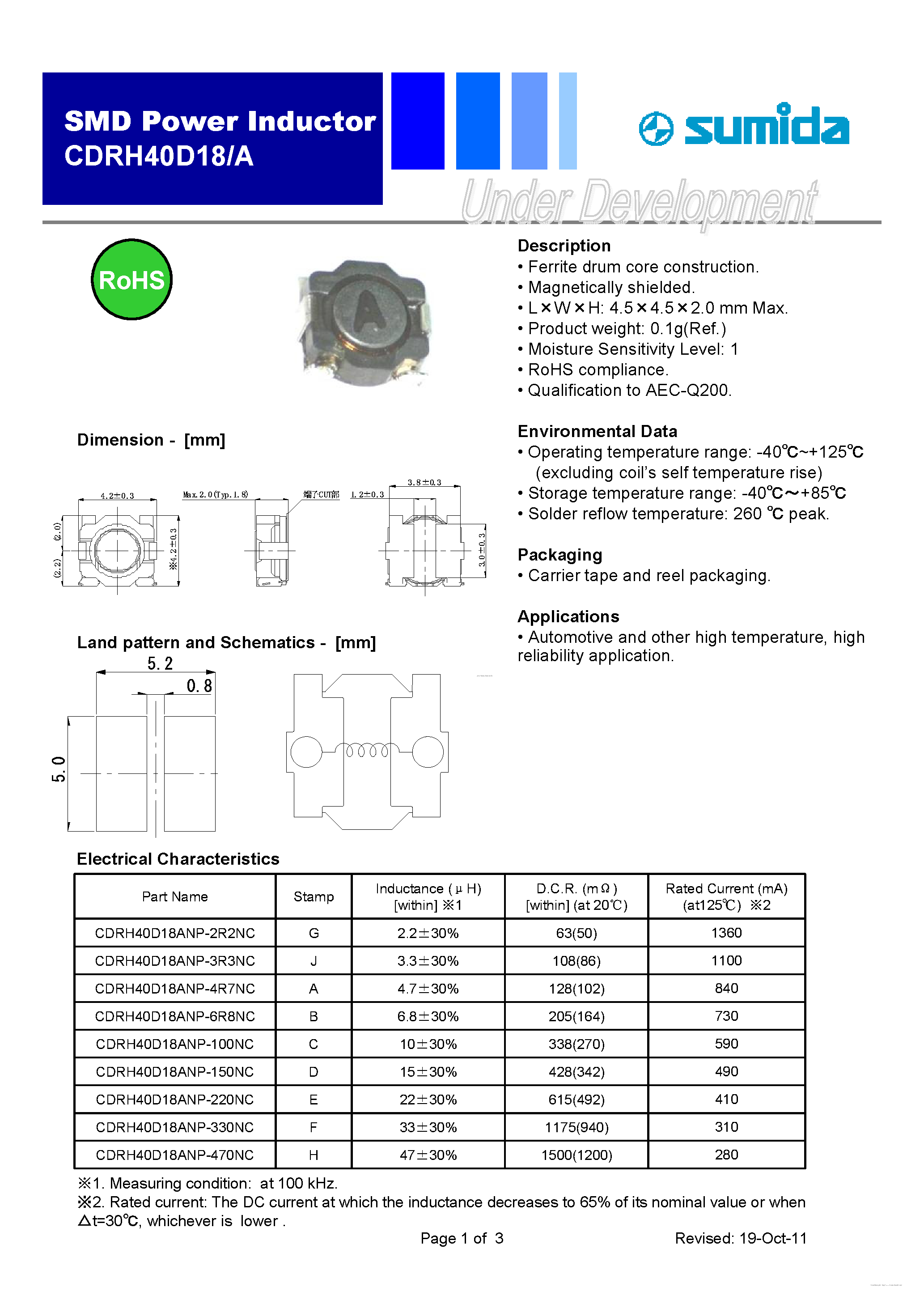 Datasheet CDRH40D18 - (CDRH40D18/A) SMD Power Inductor page 1