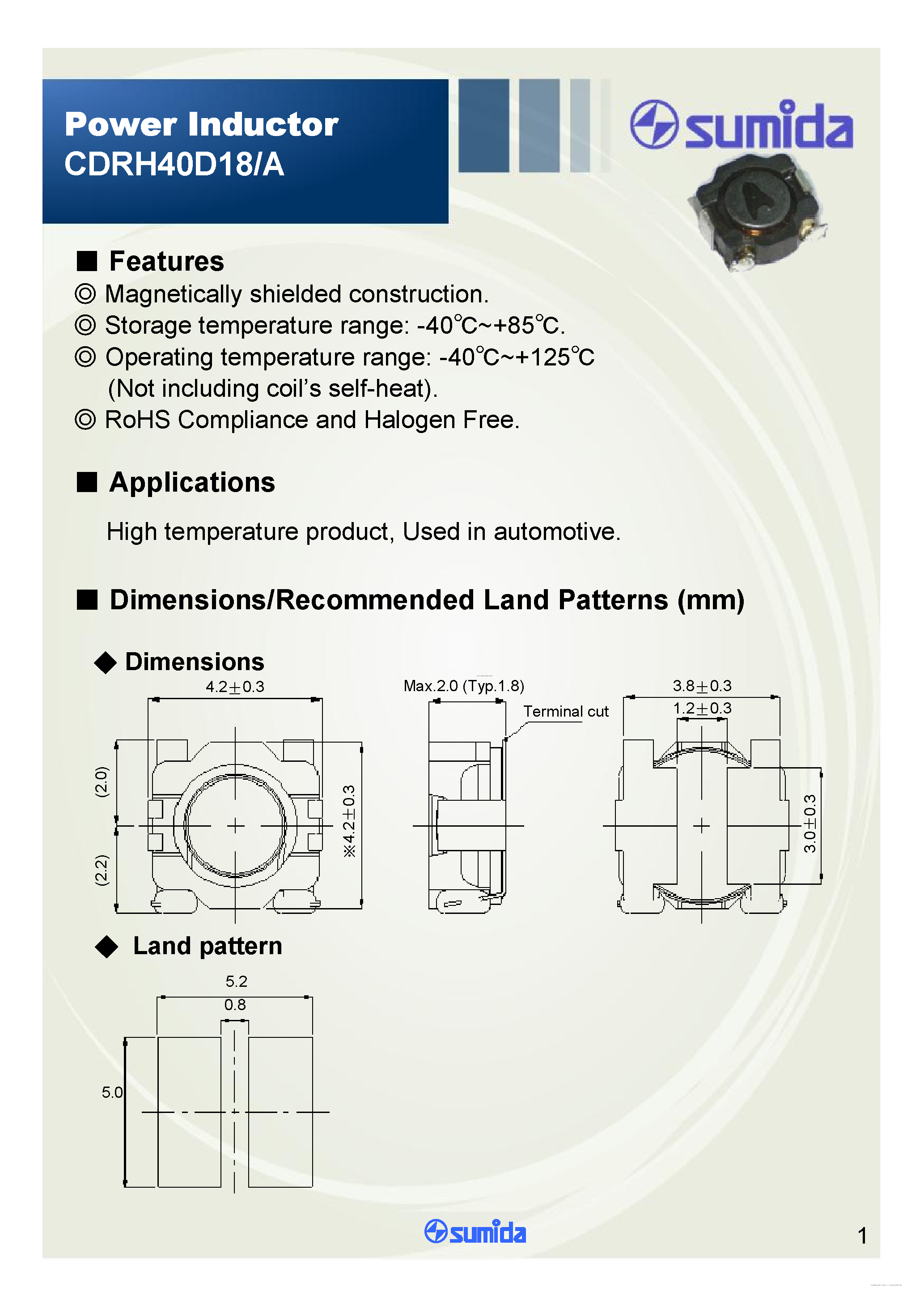 Datasheet CDRH40D18 - (CDRH40D18/A) Power Inductor page 1