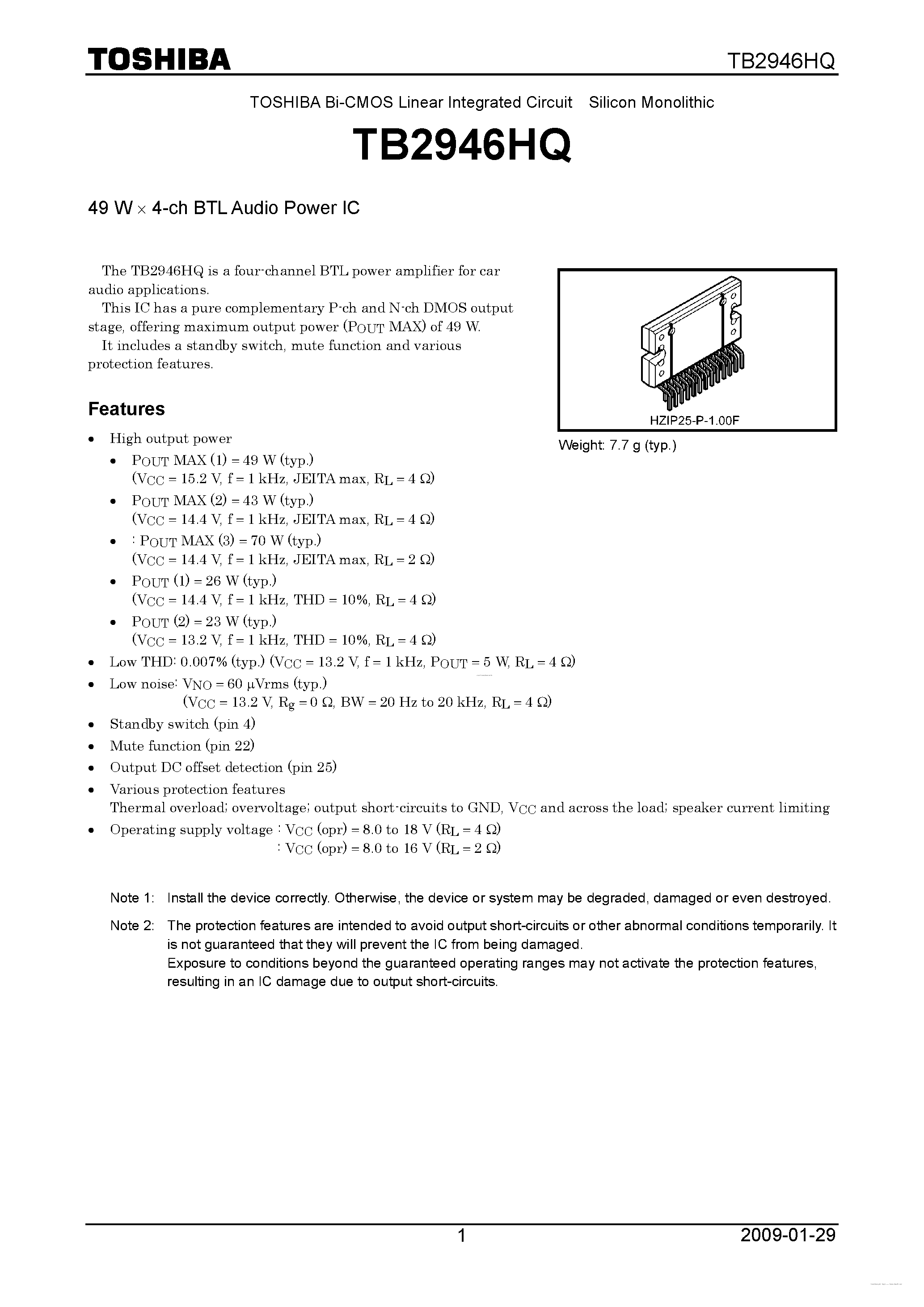Даташит TB2946HQ - 49 W X 4-ch BTL Audio Power IC страница 1
