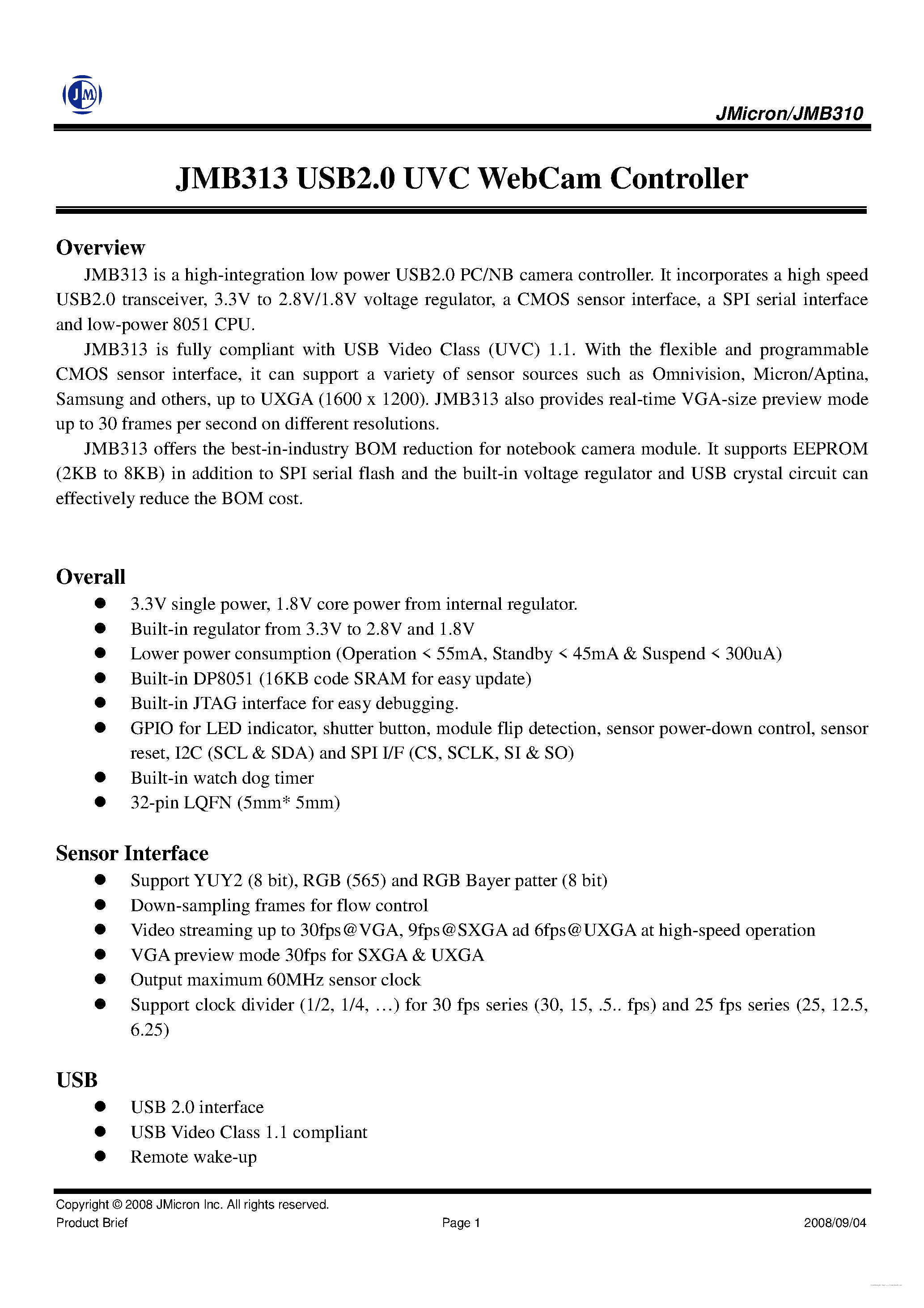 Datasheet JMB313 - USB2.0 UVC WebCam Controller page 1