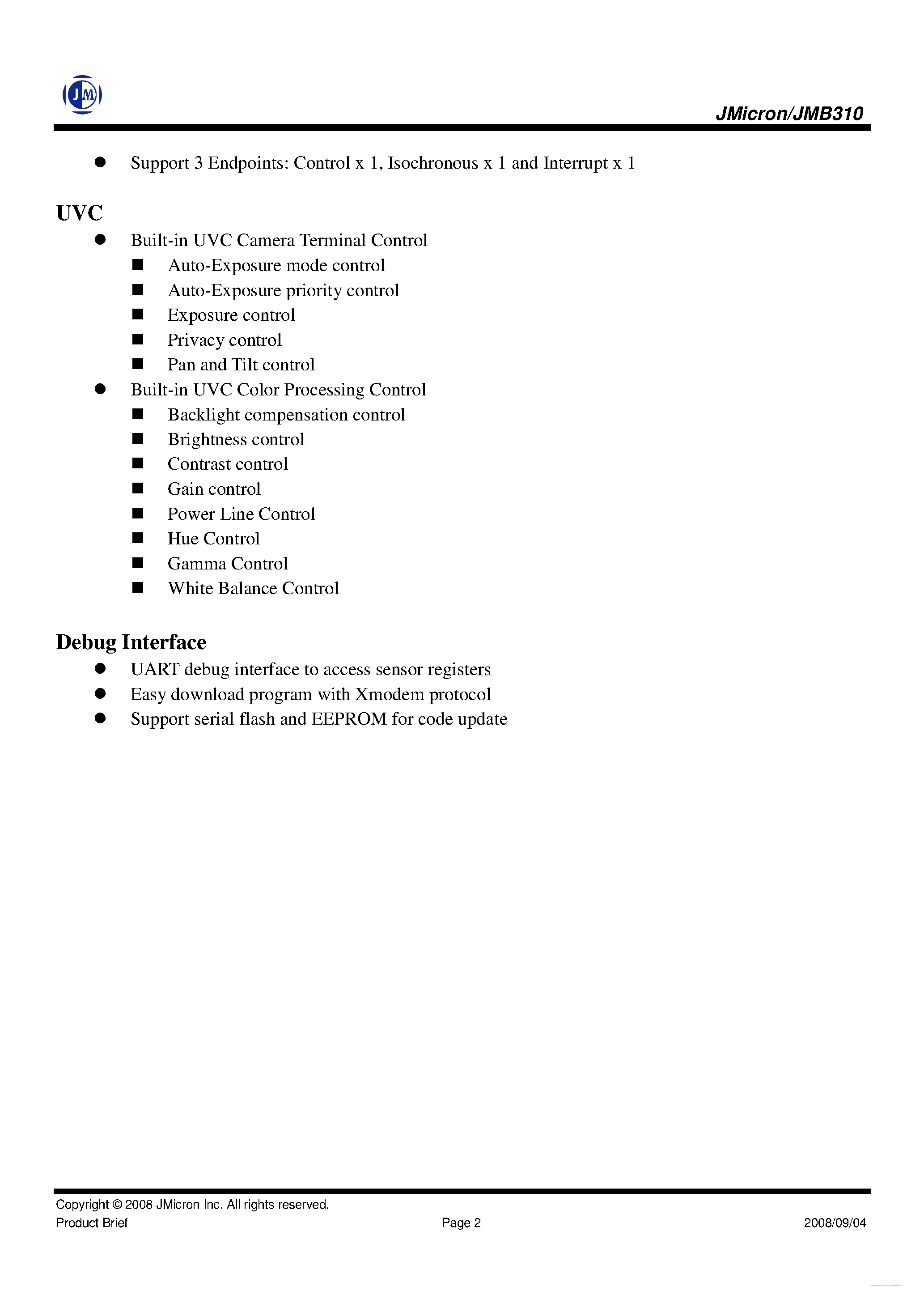 Datasheet JMB313 - USB2.0 UVC WebCam Controller page 2