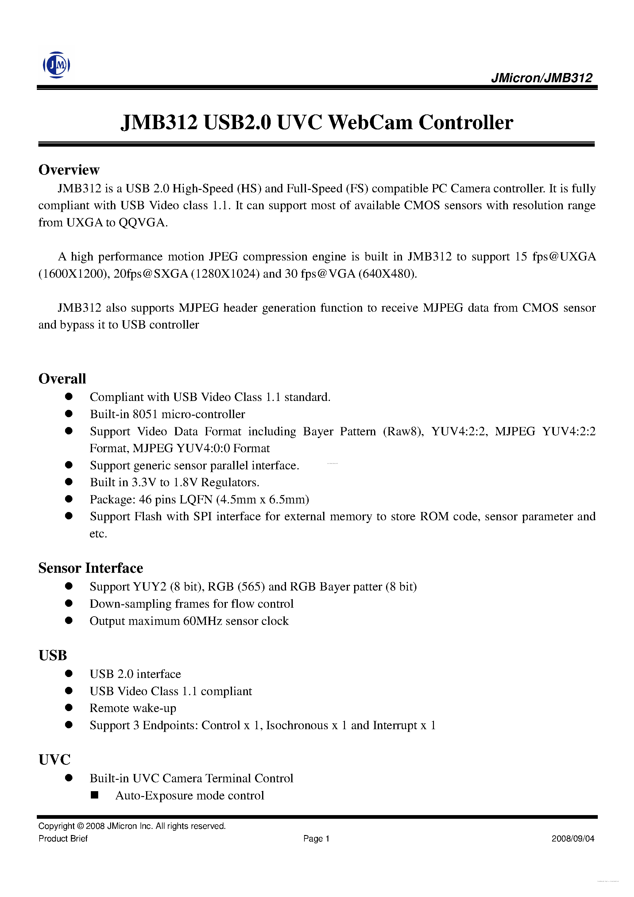 Datasheet JMB312 page 1 Datasheet JMB312 - USB2.0 UVC WebCam Controller page 1