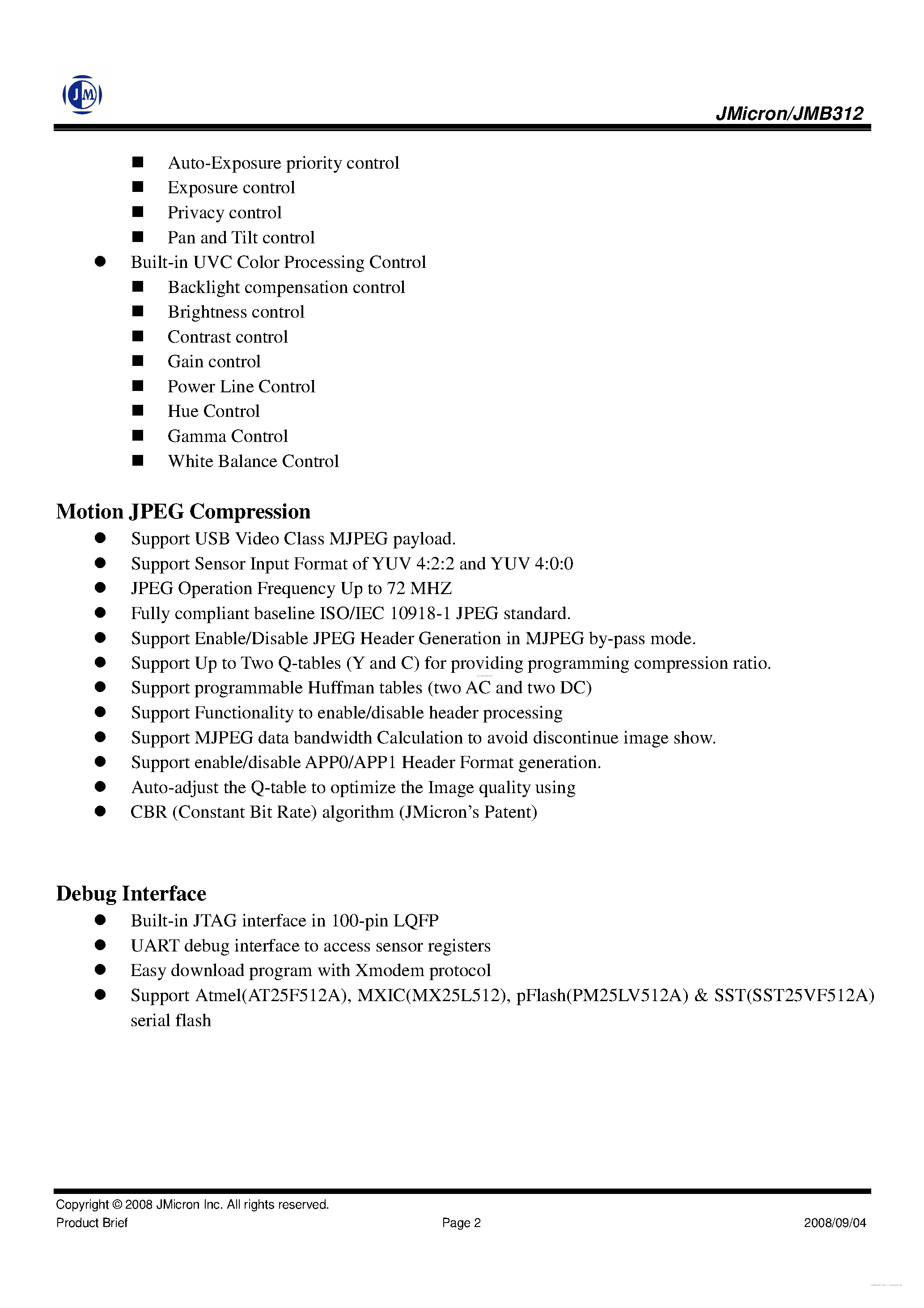 Datasheet JMB312 page 2 Datasheet JMB312 - USB2.0 UVC WebCam Controller page 2