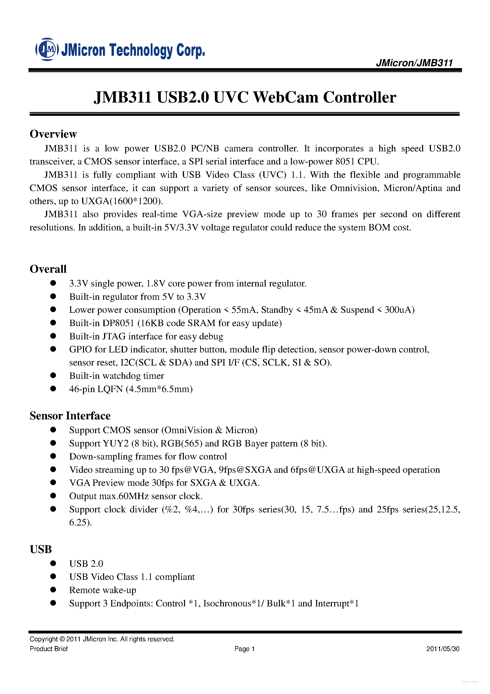Datasheet JMB311 page 1 Datasheet JMB311 - USB2.0 UVC WebCam Controller page 1
