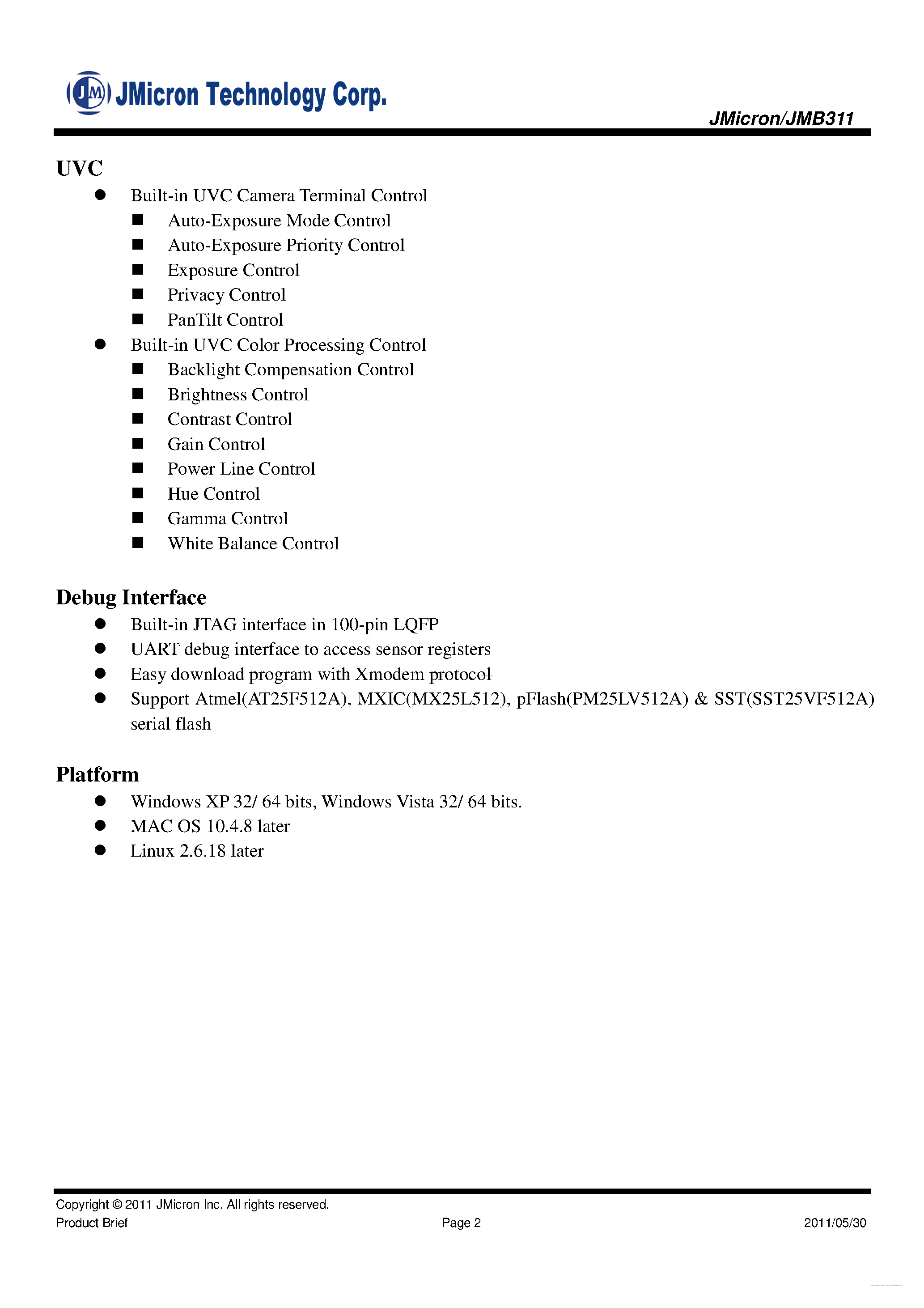 Datasheet JMB311 page 2 Datasheet JMB311 - USB2.0 UVC WebCam Controller page 2