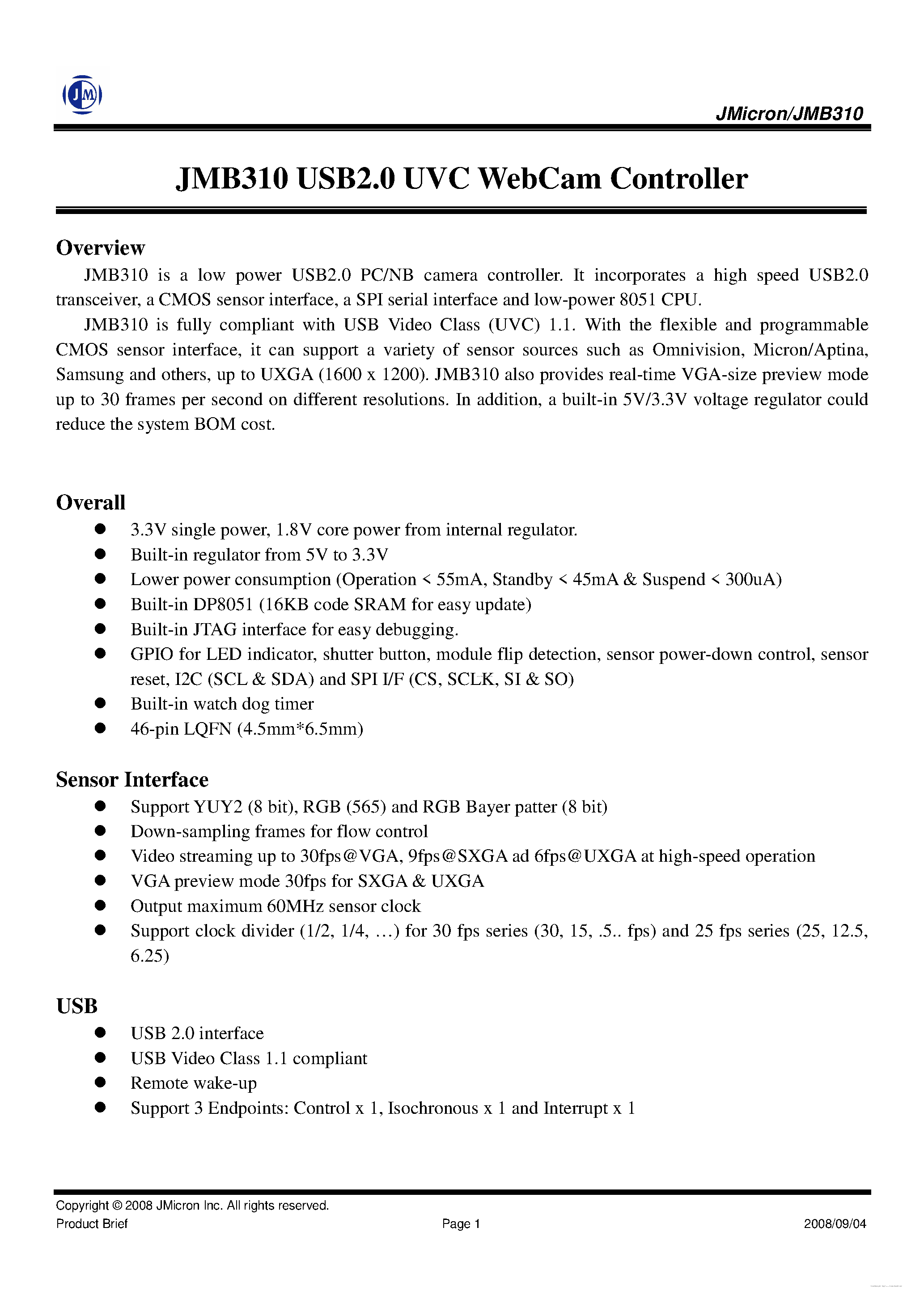 Datasheet JMB310 page 1 Datasheet JMB310 - USB2.0 UVC WebCam Controller page 1