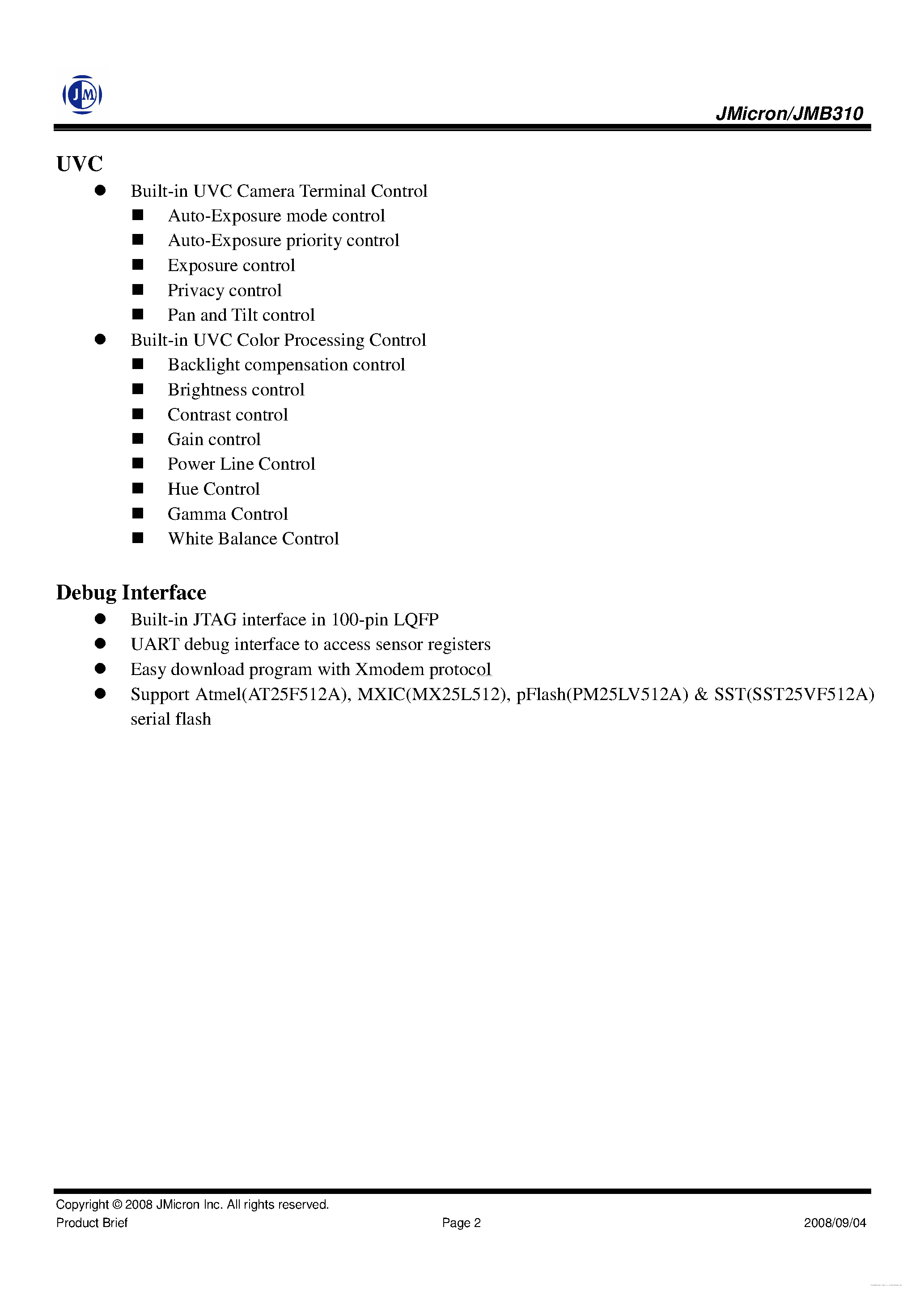 Datasheet JMB310 page 2 Datasheet JMB310 - USB2.0 UVC WebCam Controller page 2