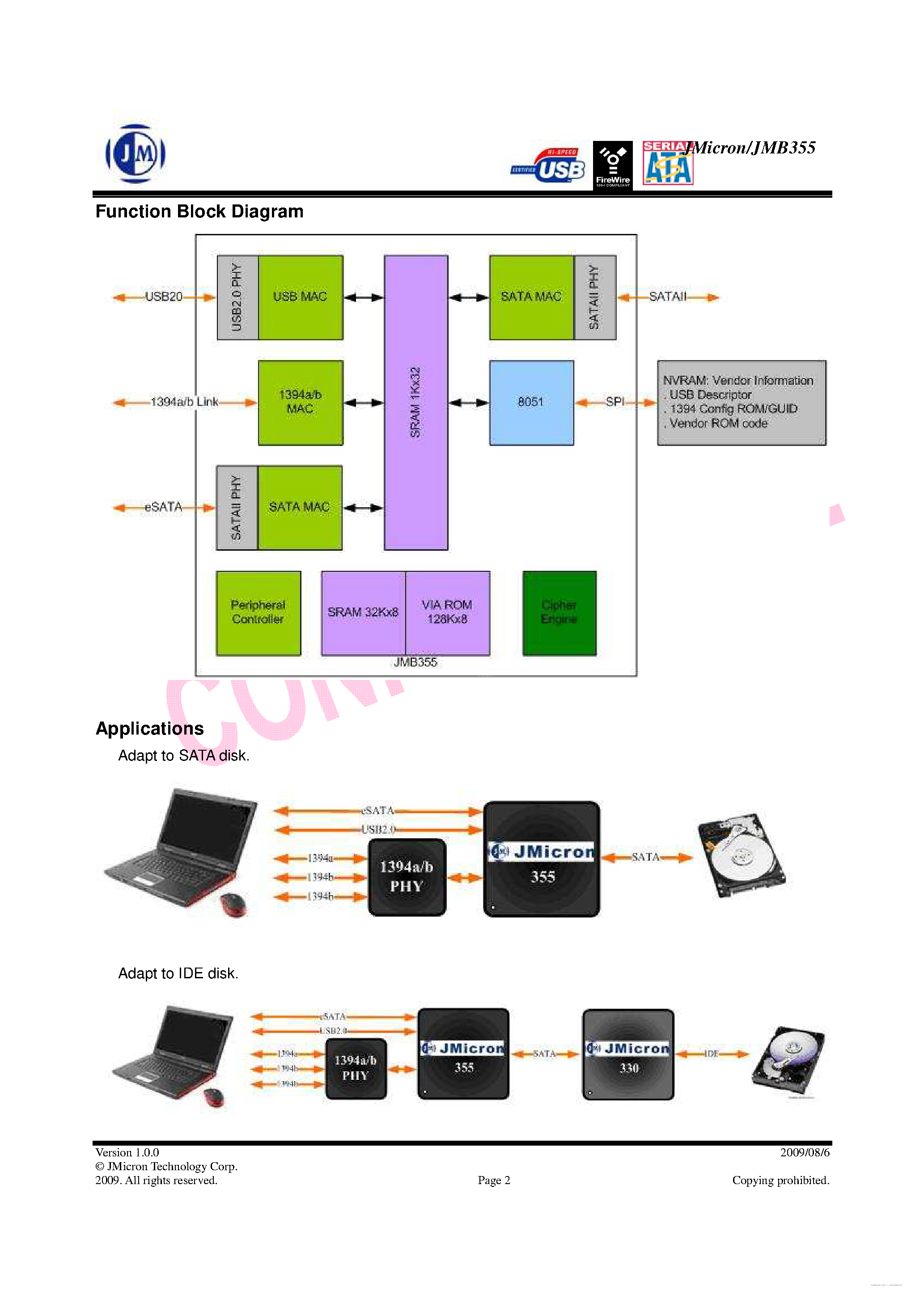 Datasheet JMB355 page 2 Datasheet JMB355 - eSATA+1394A/B + USB20 to SATA Host Adapter page 2