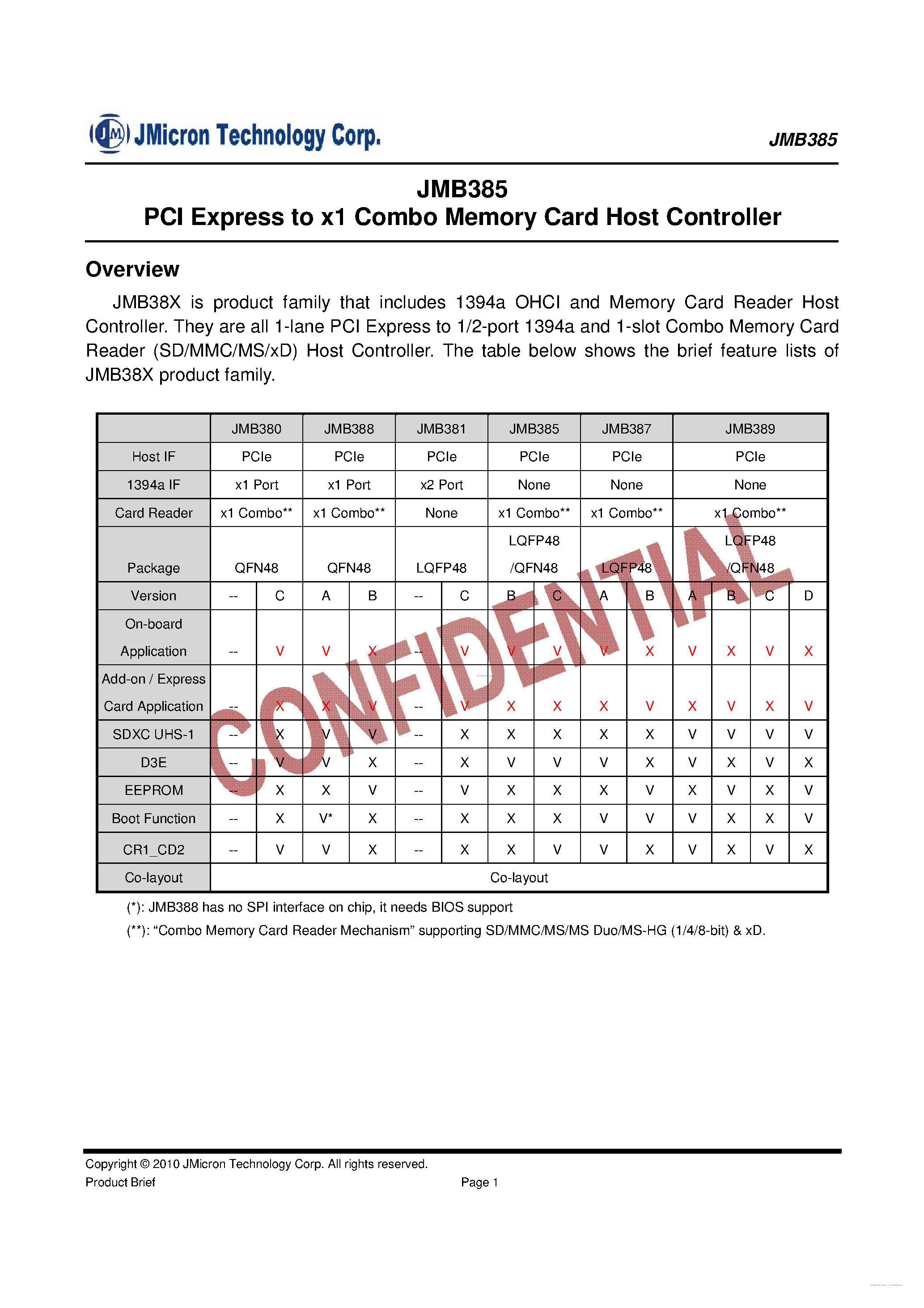 Datasheet JMB385 page 1 Datasheet JMB385 - PCI Express to x1 Combo Memory Card Host Controller page 1
