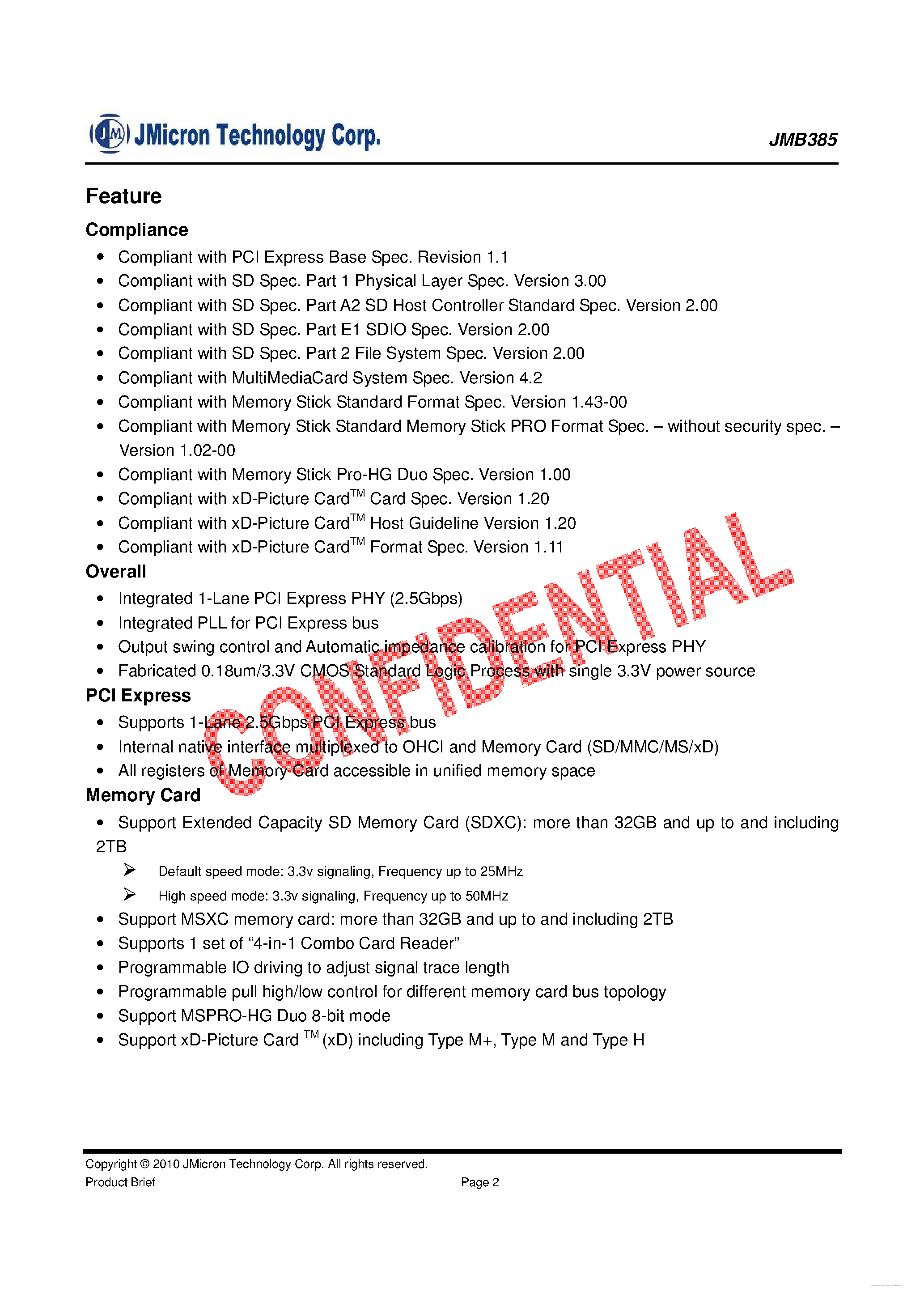 Datasheet JMB385 page 2 Datasheet JMB385 - PCI Express to x1 Combo Memory Card Host Controller page 2