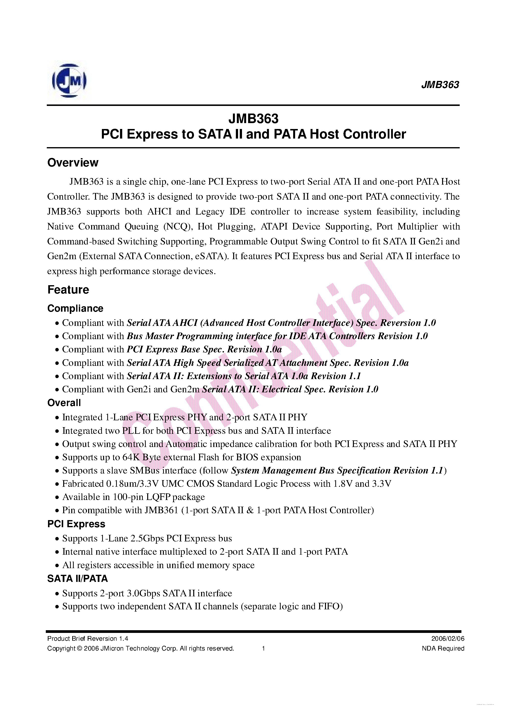 Даташит на микросхему JMB363 страница 1 Даташит JMB363 - PCI Express to SATA II and PATA Host Controller страница 1