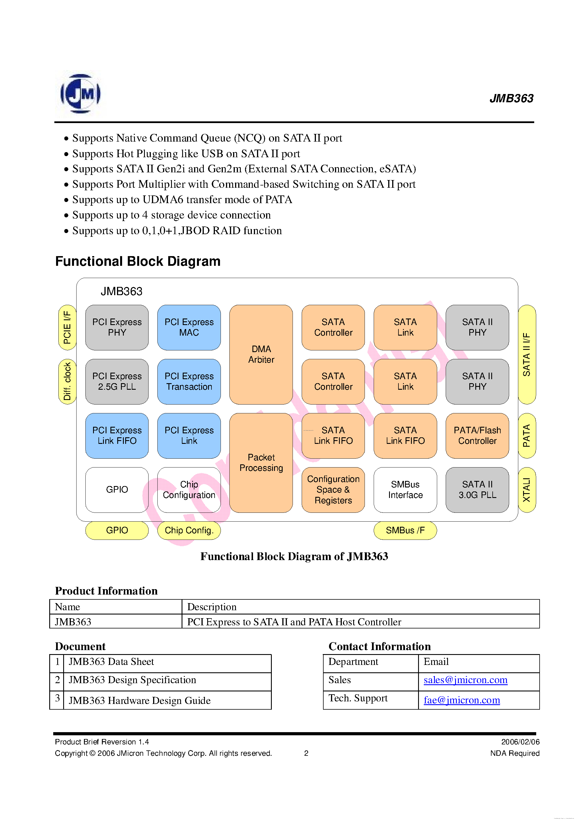 Даташит на микросхему JMB363 страница 2 Даташит JMB363 - PCI Express to SATA II and PATA Host Controller страница 2