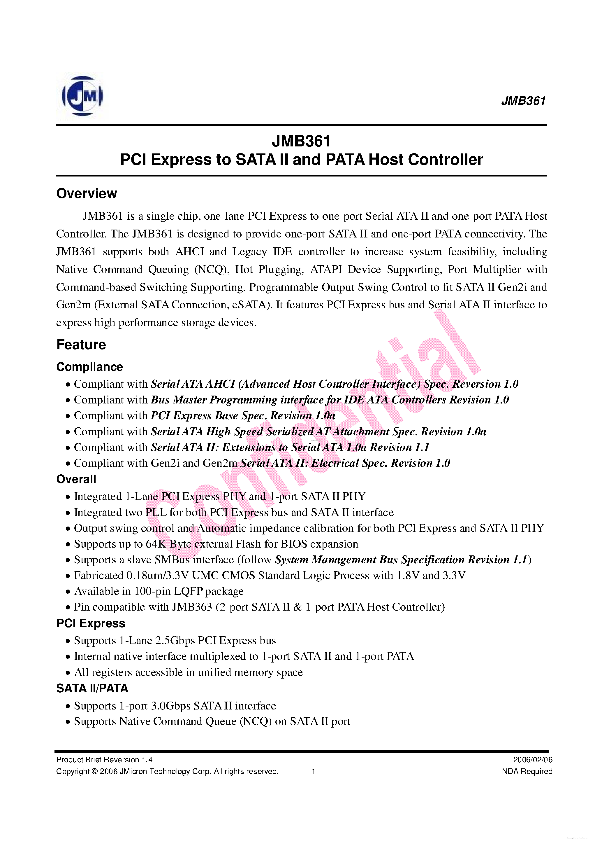 Даташит JMB361 - PCI Express to SATA II and PATA Host Controller страница 1