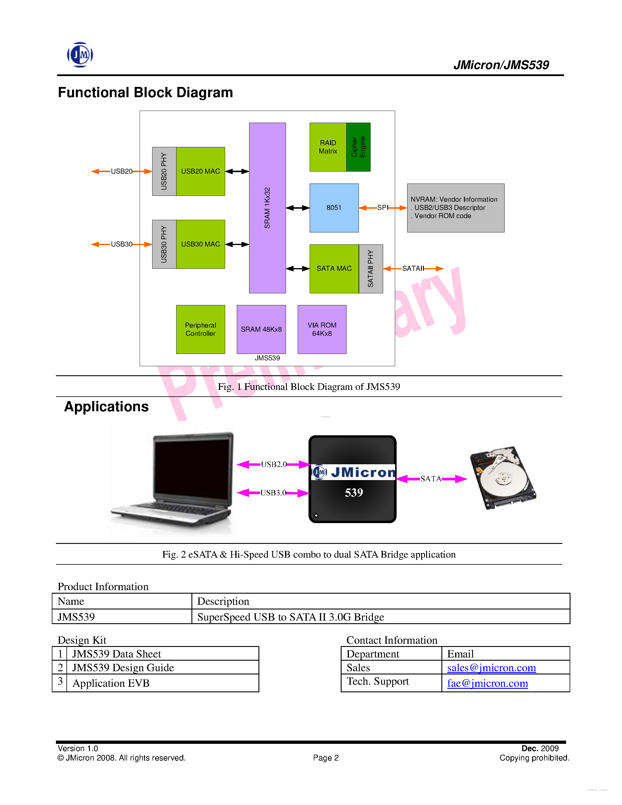 Даташит на микросхему JMS539 страница 2 Даташит JMS539 - SuperSpeed USB to SATA II 3.0G Bridge страница 2