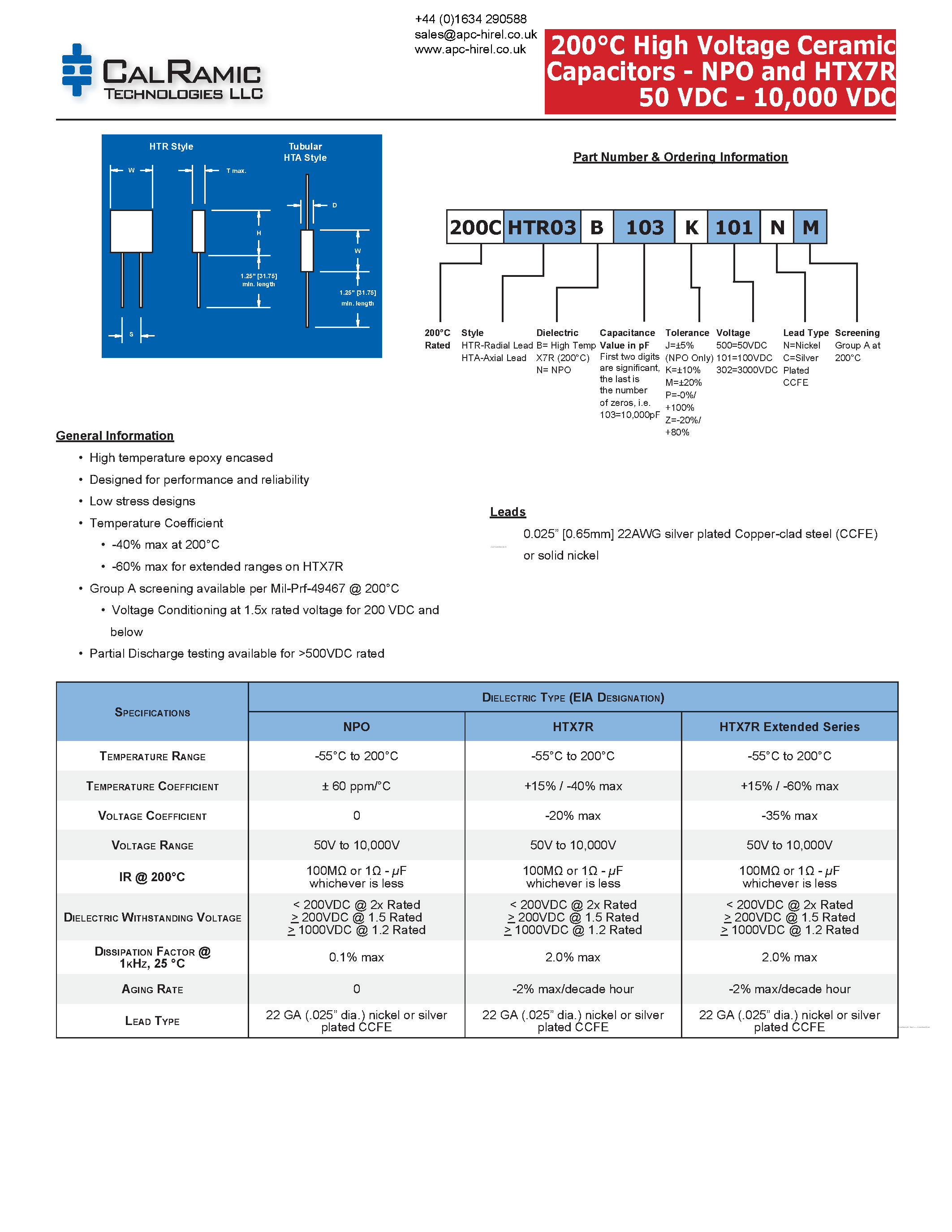 Datasheet HTA11 - (HTA10 - HTA14) High Voltage Commercial and Military Quality Multi-Layer Ceramic Capacitors page 1