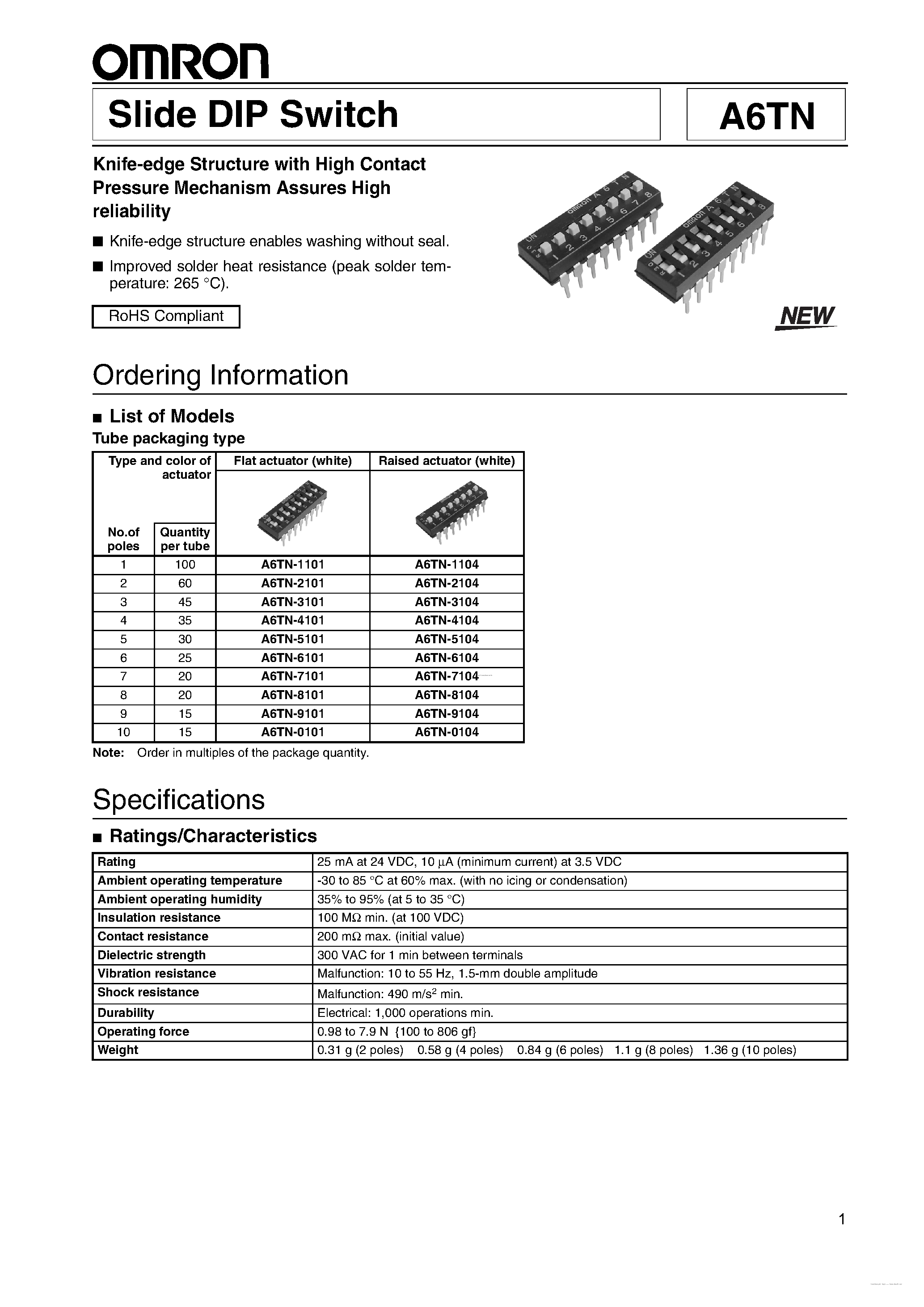 Даташит на микросхему A6TN-9101 страница 1 Даташит A6TN-9101 - Slide DIP Switch страница 1