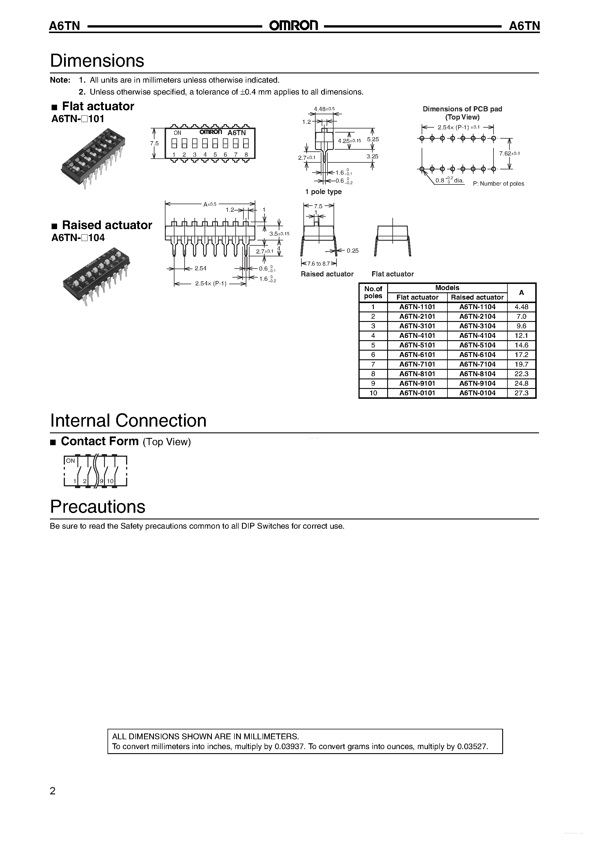 Даташит на микросхему A6TN-9101 страница 2 Даташит A6TN-9101 - Slide DIP Switch страница 2
