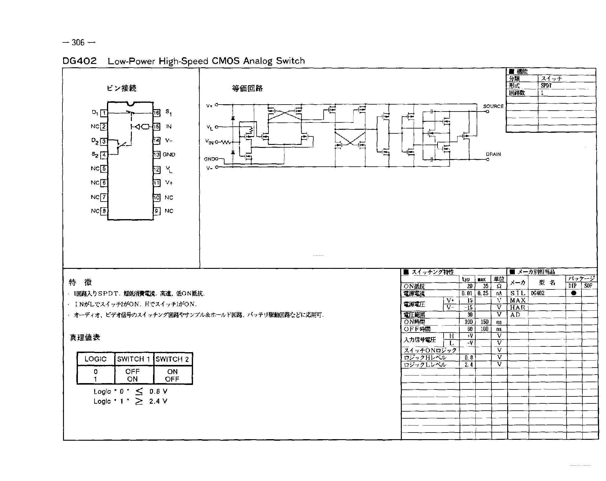 Даташит DG402 - Low Power High SPeed CMOS Analog Switch страница 1
