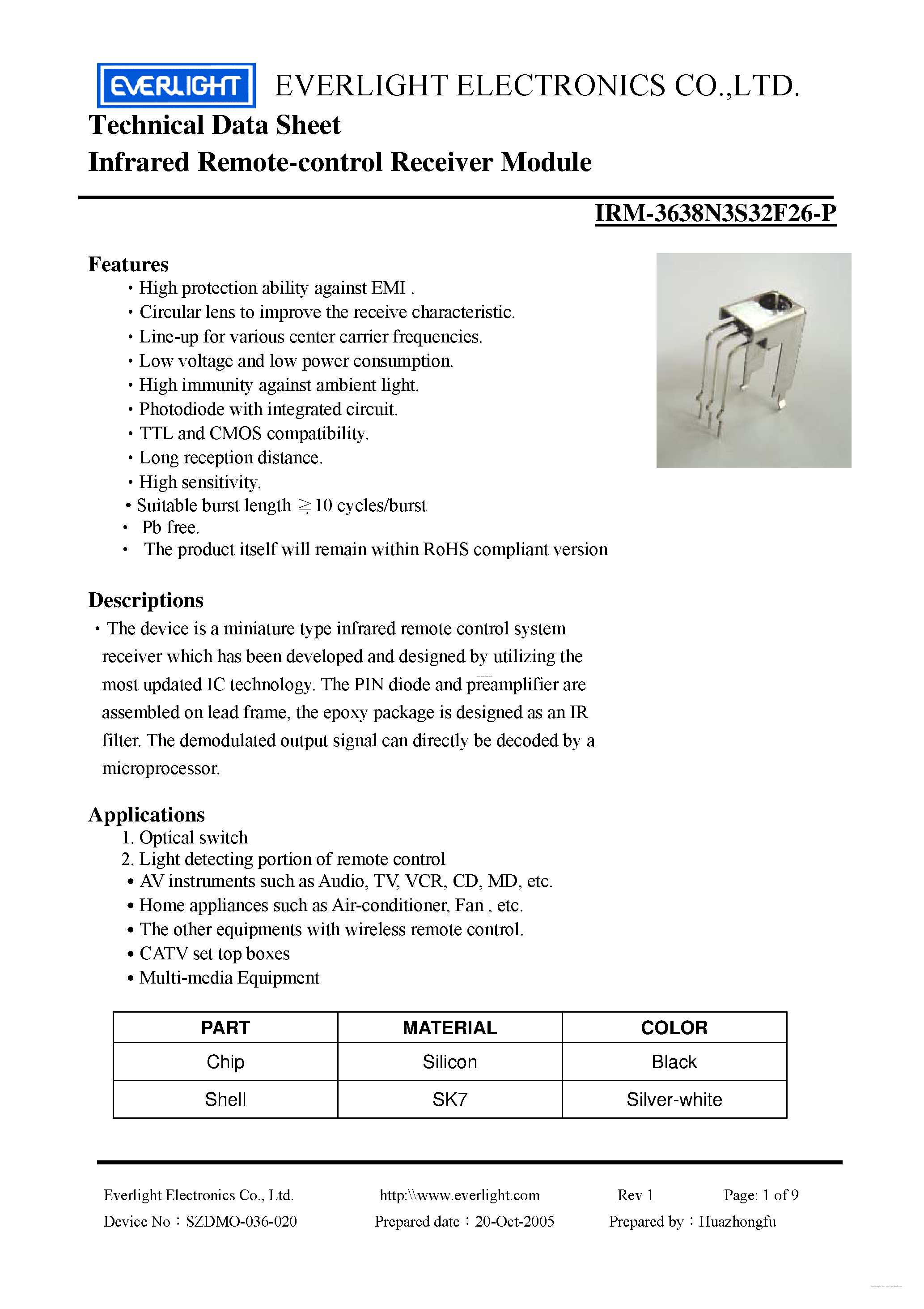 Даташит IRM-3638N3S32F26-P - Infrared Remote-control Receiver Module страница 1