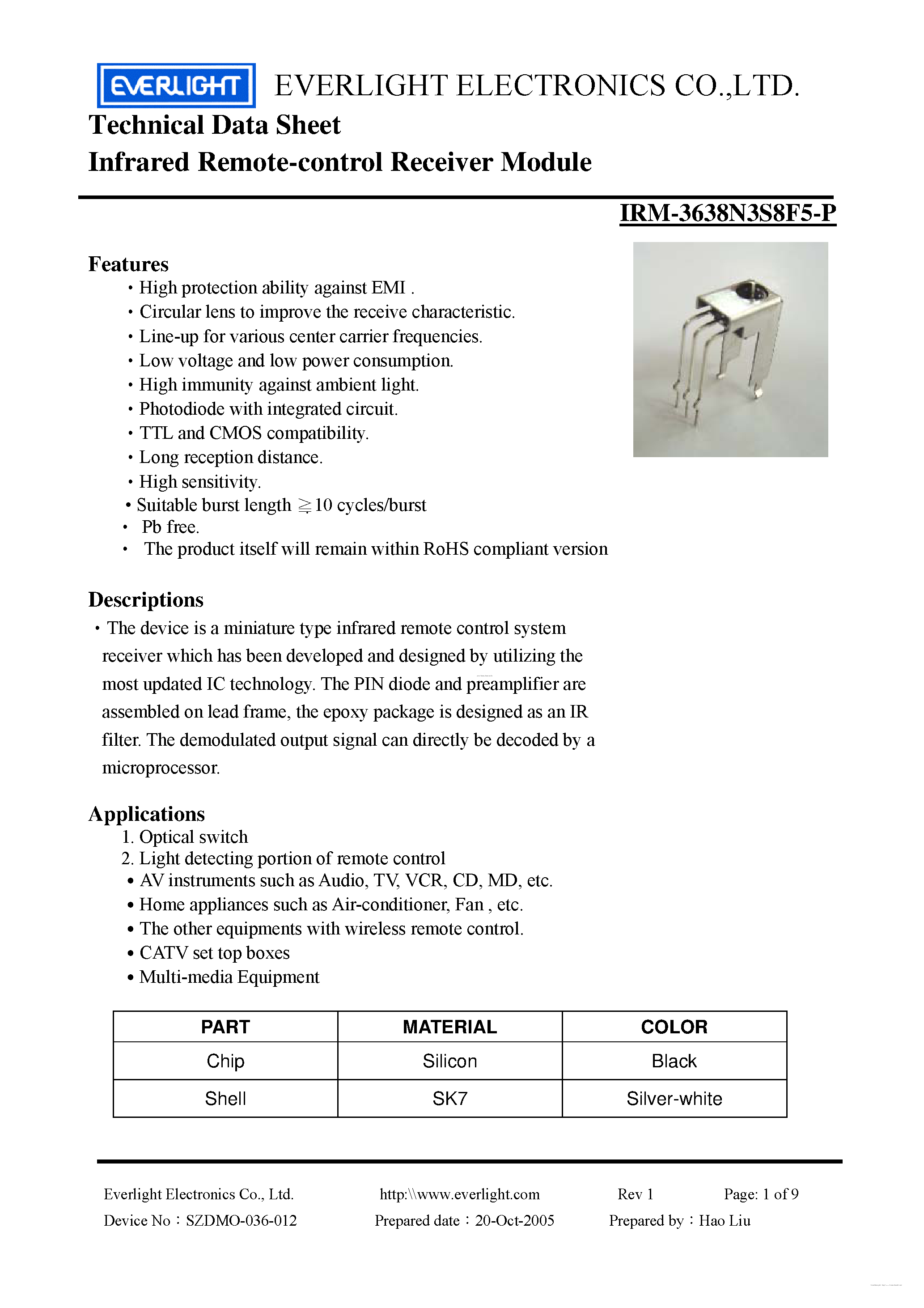 Даташит IRM-3638N3S8F5-P - Infrared Remote-control Receiver Module страница 1