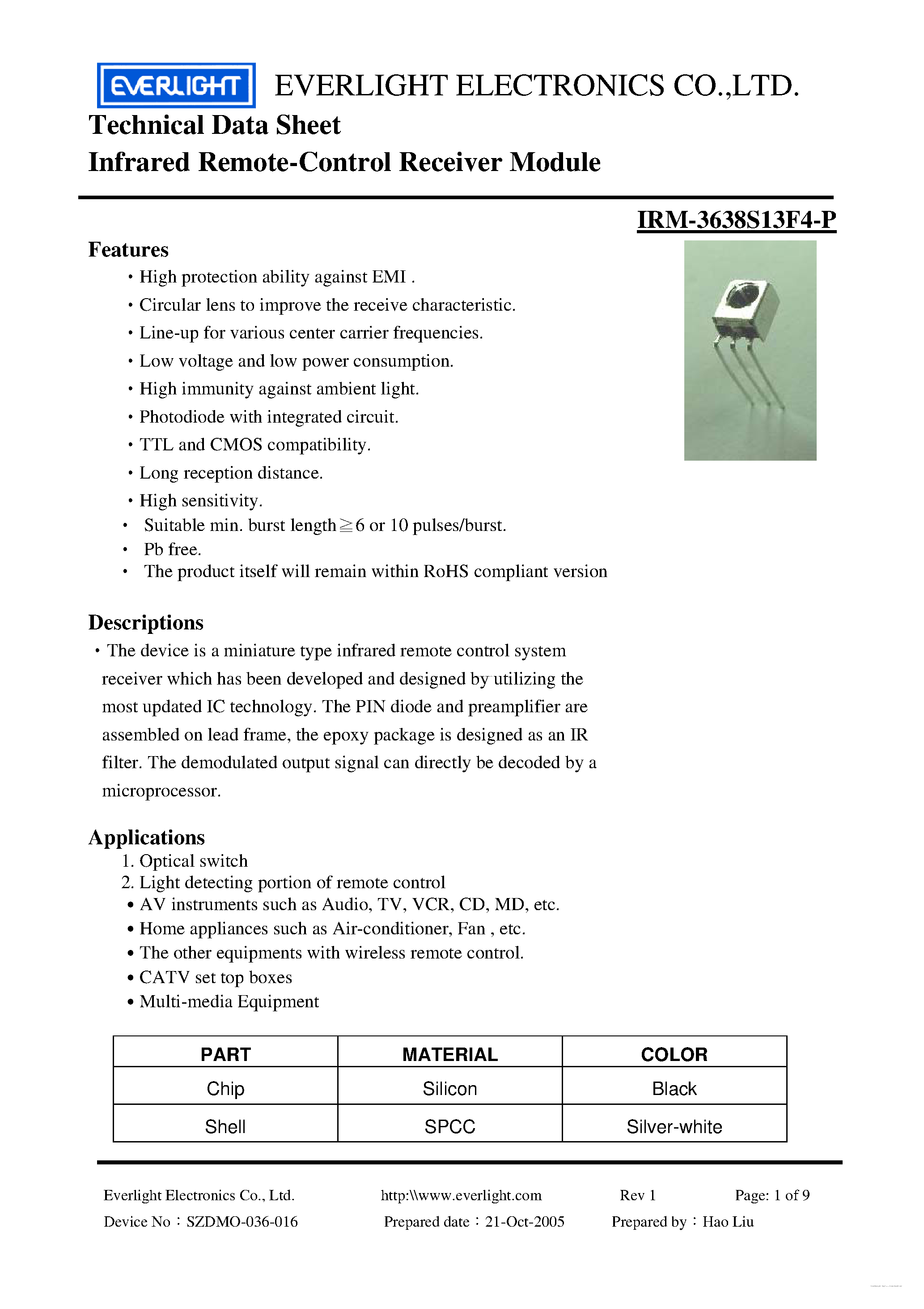 Даташит IRM-3638S13F4-P - Infrared Remote-Control Receiver Module страница 1