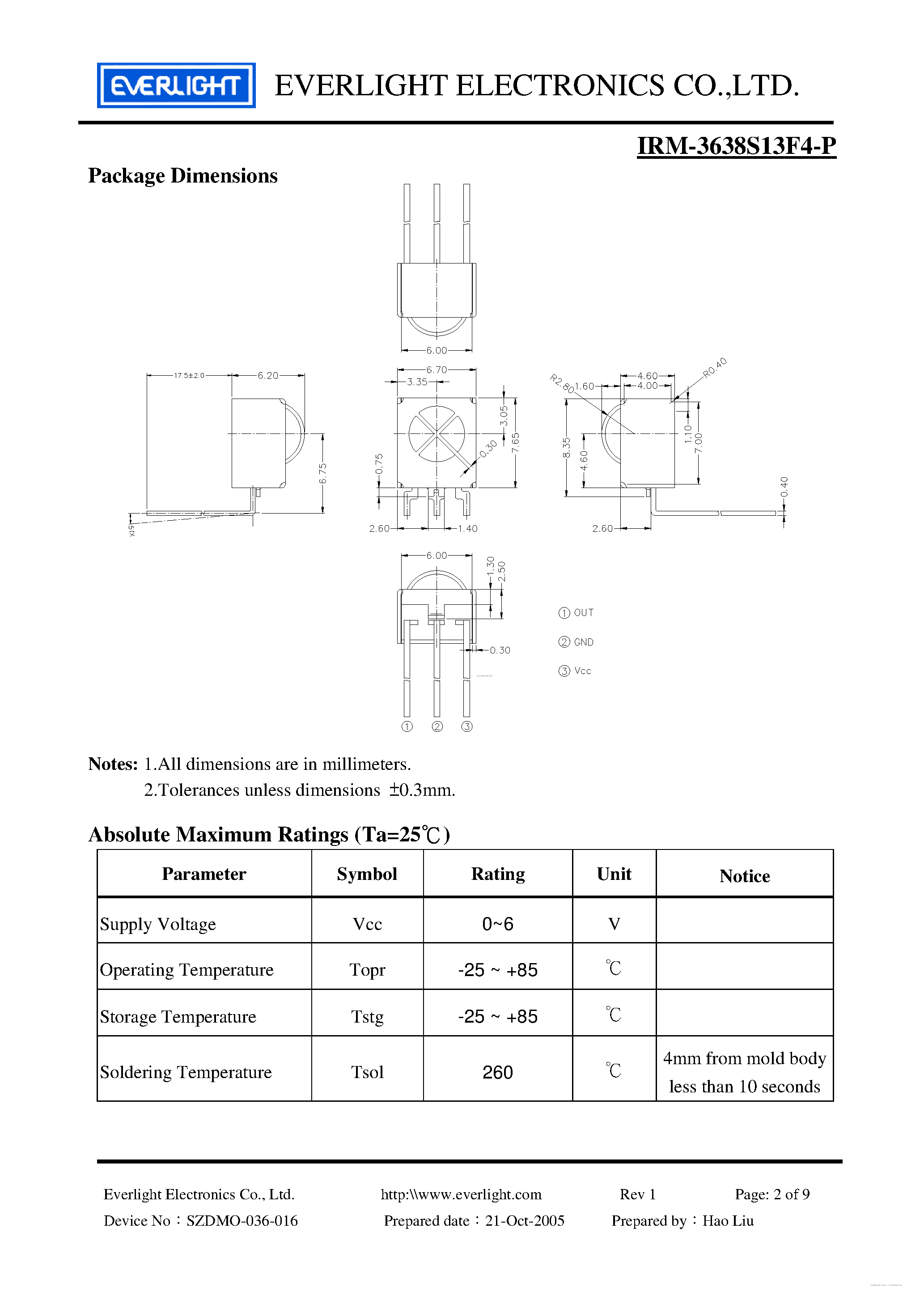 Даташит IRM-3638S13F4-P - Infrared Remote-Control Receiver Module страница 2