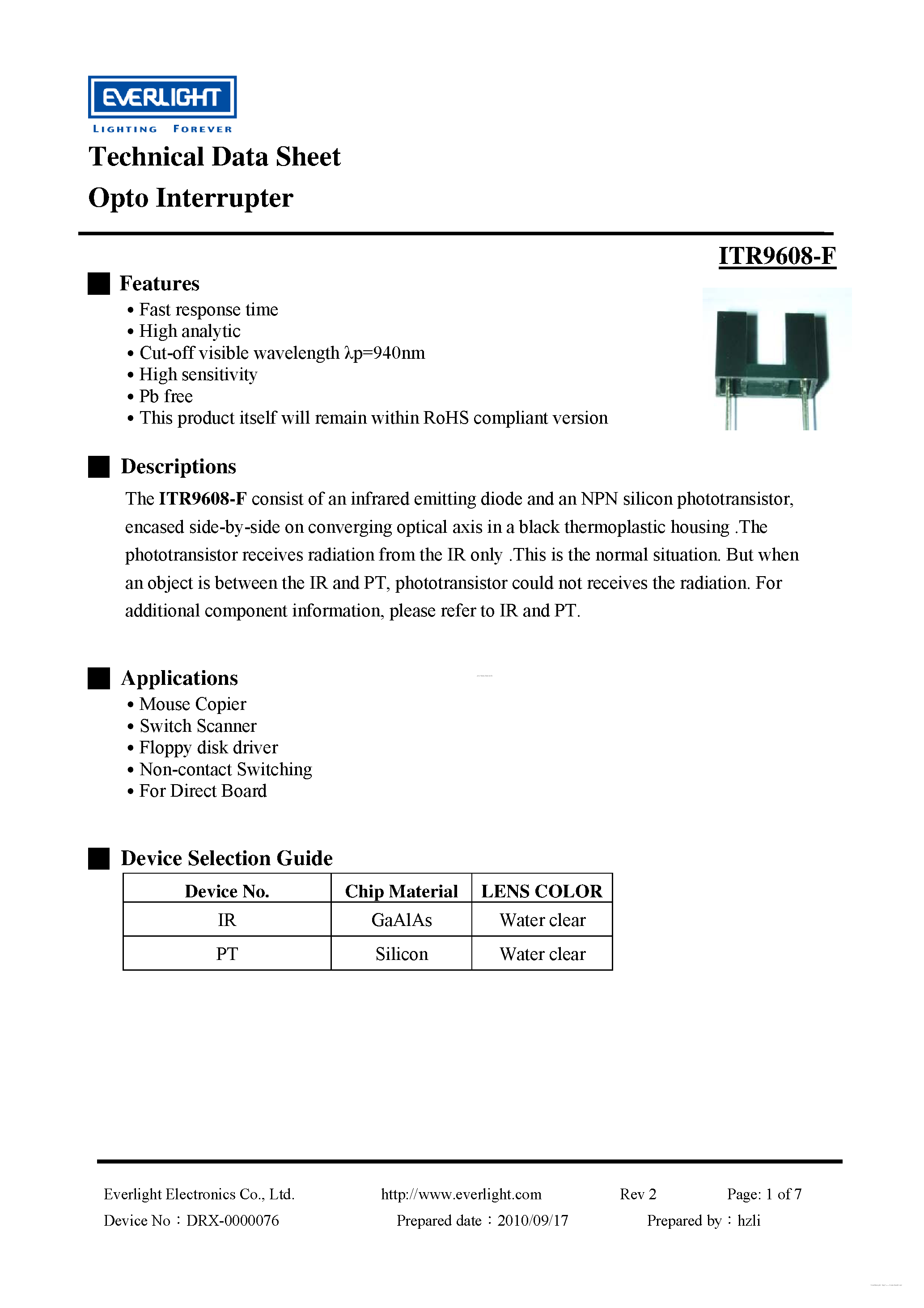 Datasheet ITR9608-F - Opto Interrupter page 1