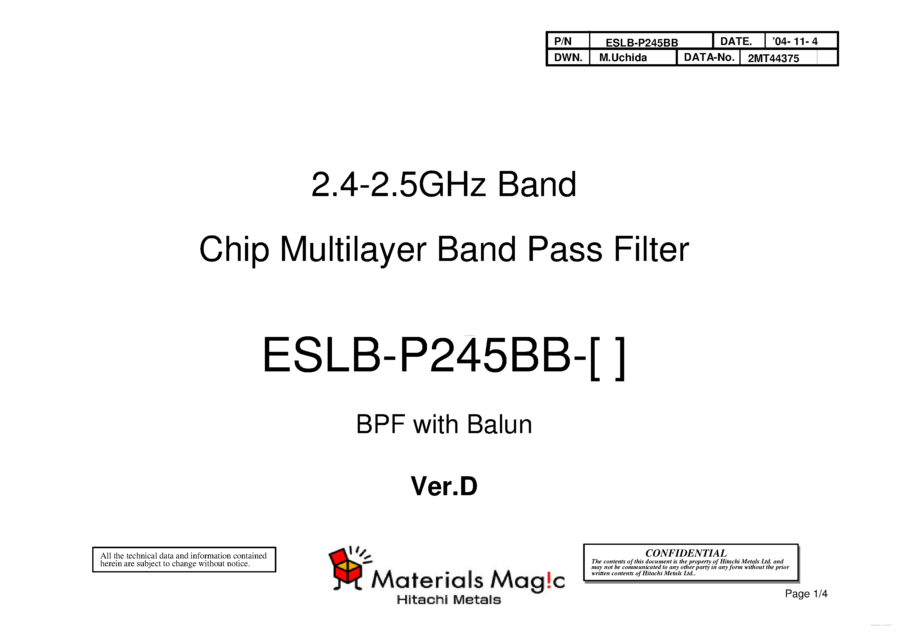 Datasheet ESLB-P245BB - 2.4-2.5GHz Band Chip Multilayer Band Pass Filter page 1
