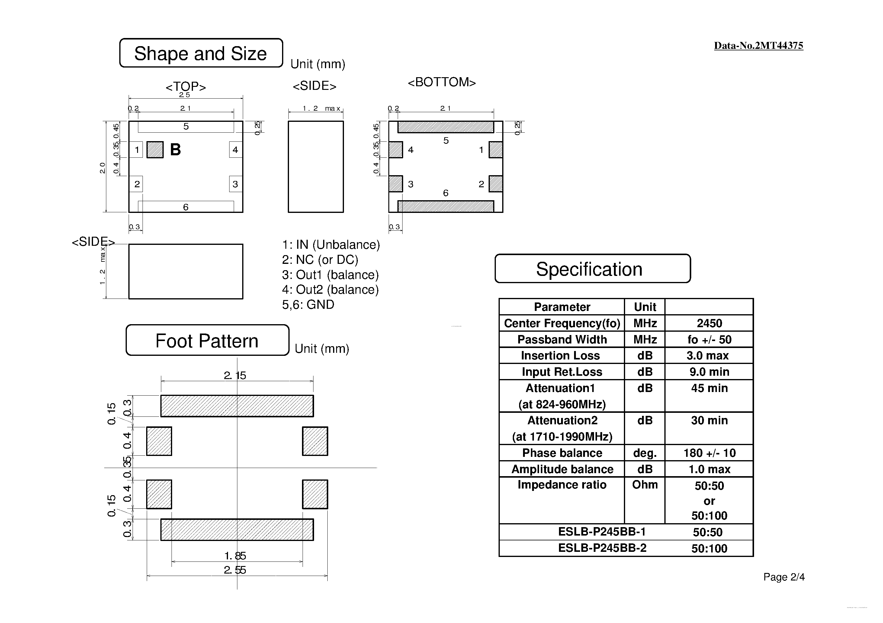 Datasheet ESLB-P245BB - 2.4-2.5GHz Band Chip Multilayer Band Pass Filter page 2
