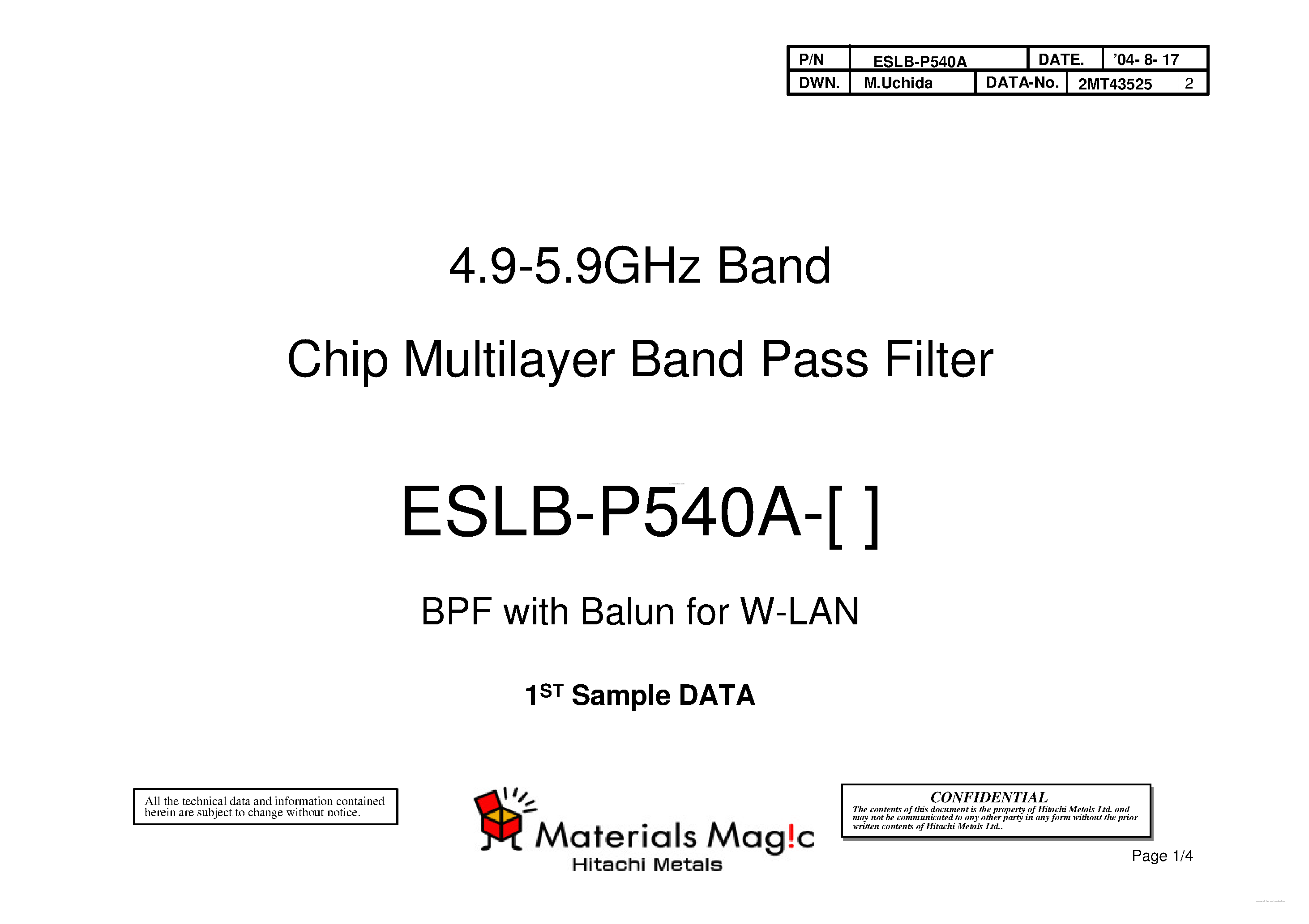 Datasheet ESLB-P540A-x - 4.9-5.9GHz Band Chip Multilayer Band Pass Filter page 1