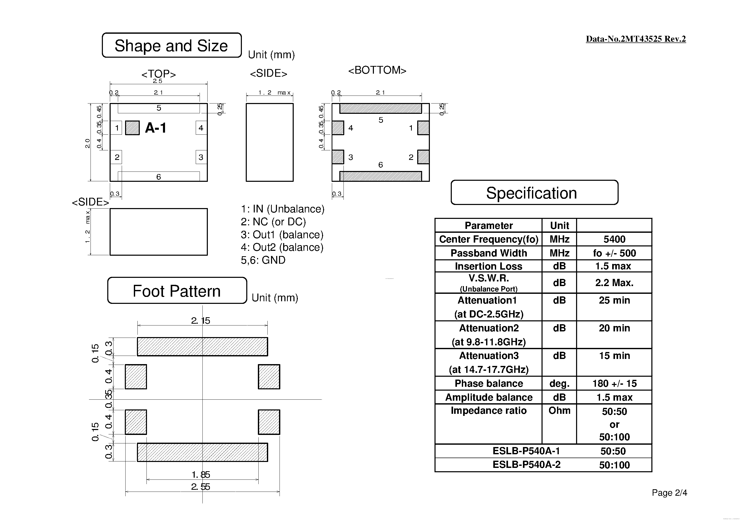 Datasheet ESLB-P540A-x - 4.9-5.9GHz Band Chip Multilayer Band Pass Filter page 2