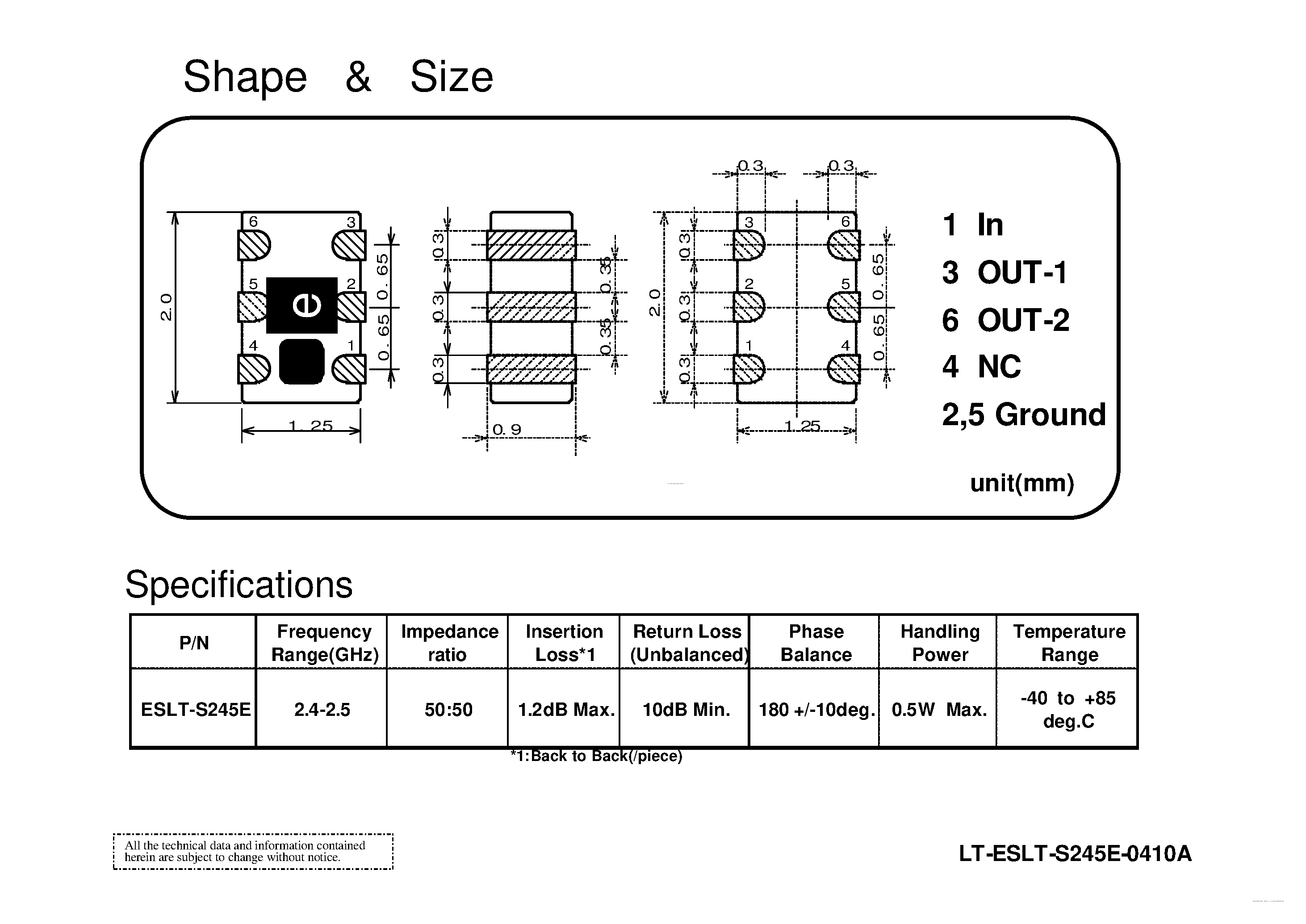 Даташит ESLT-S245E - 2012 Size 2.4/2.5GHz Band Chip Multilayer RF Transformer страница 2