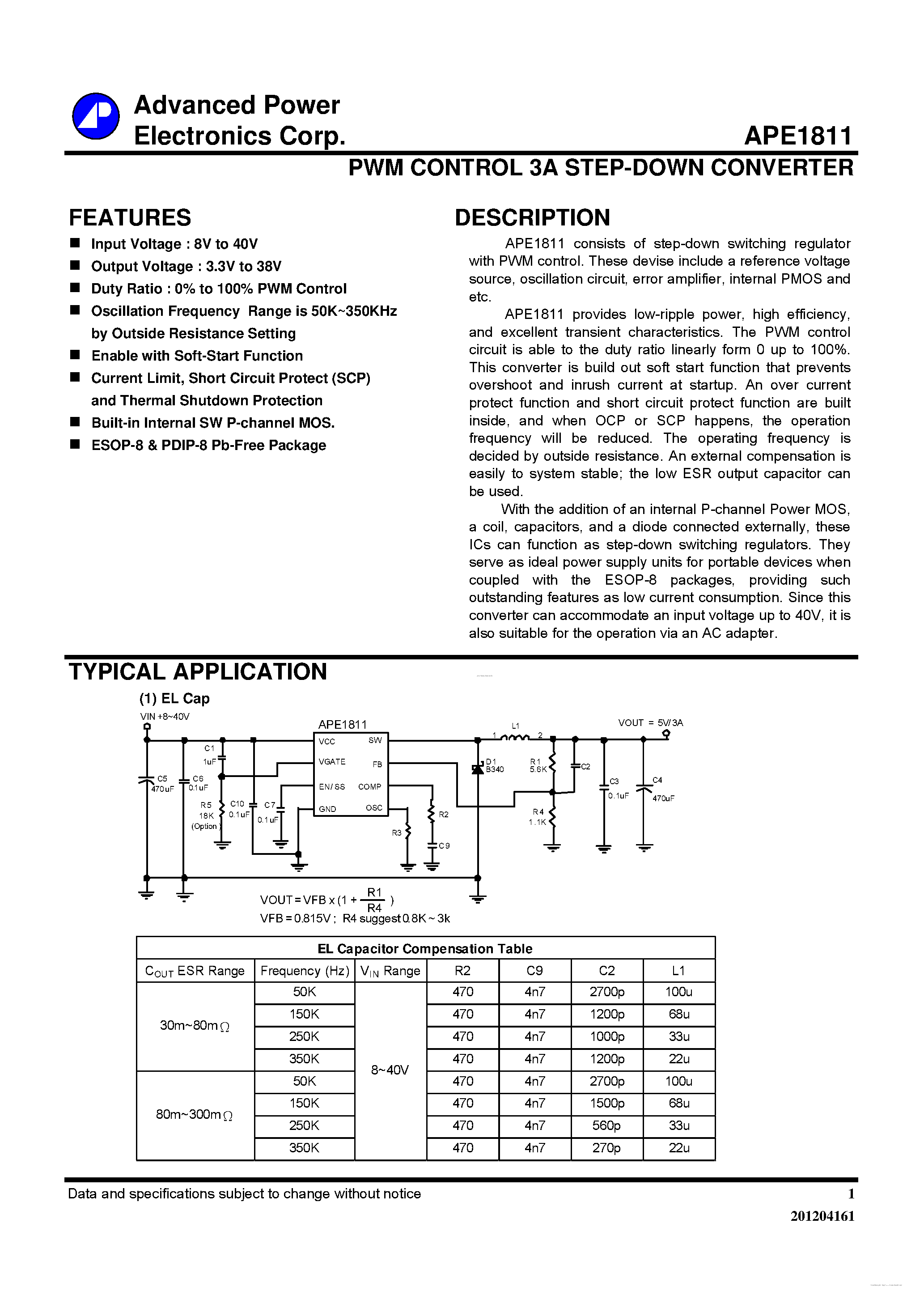 Даташит на микросхему APE1811 страница 1 Даташит APE1811 - PWM CONTROL 3A STEP-DOWN CONVERTER страница 1