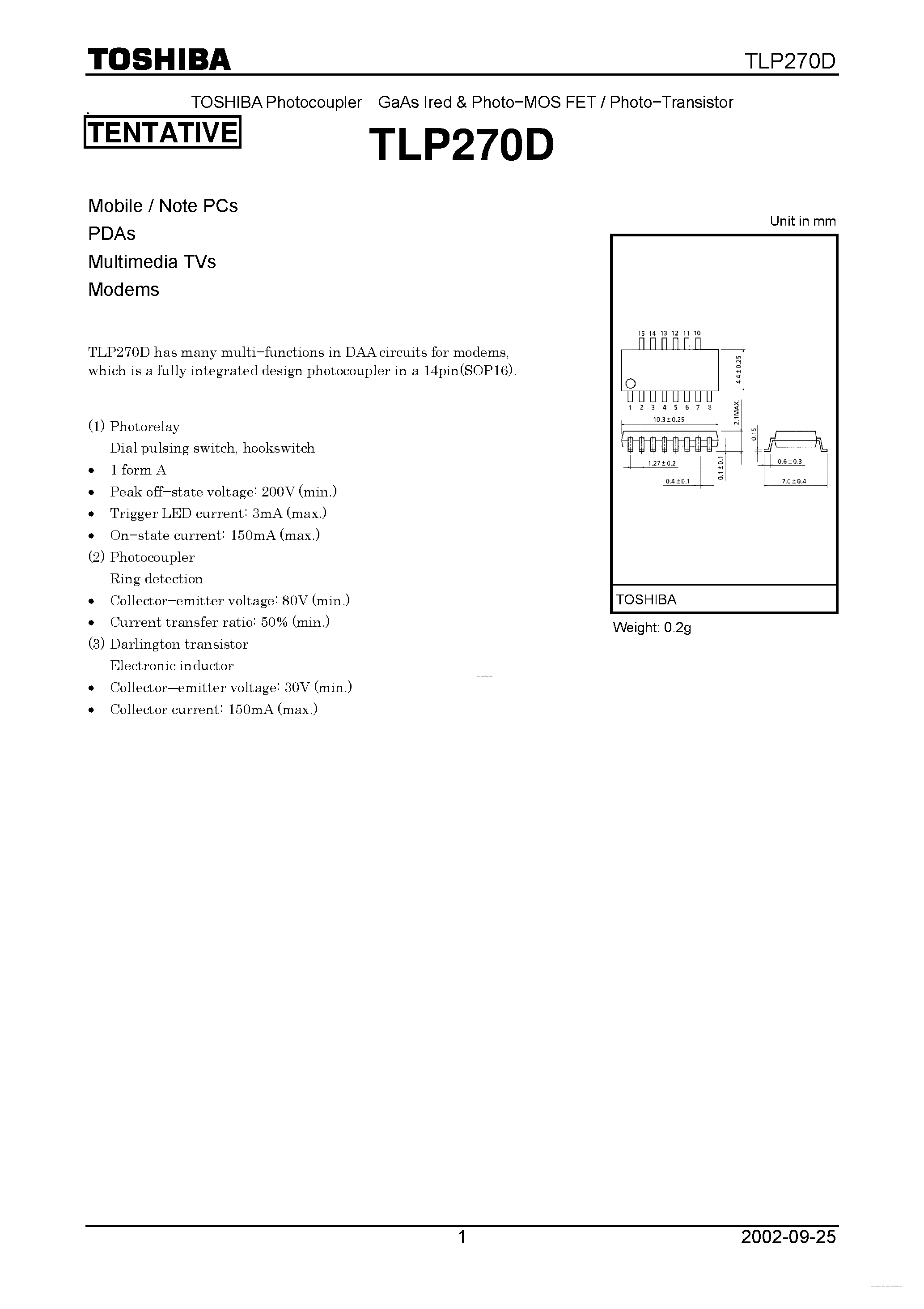 Datasheet TLP270D page 1 Datasheet TLP270D - GaAs Ired & Photo-MOS FET / Photo-Transistor page 1