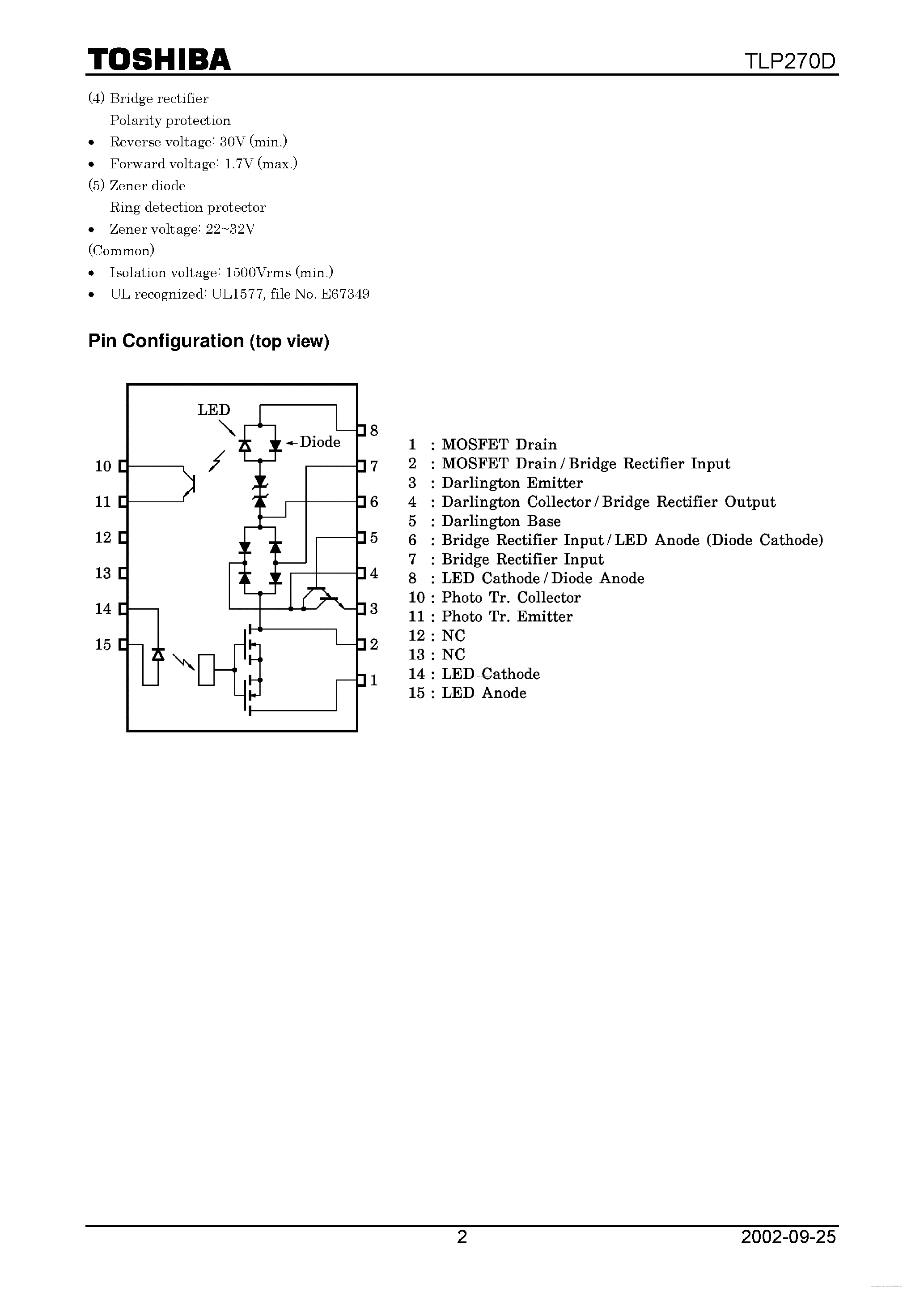 Datasheet TLP270D page 2 Datasheet TLP270D - GaAs Ired & Photo-MOS FET / Photo-Transistor page 2