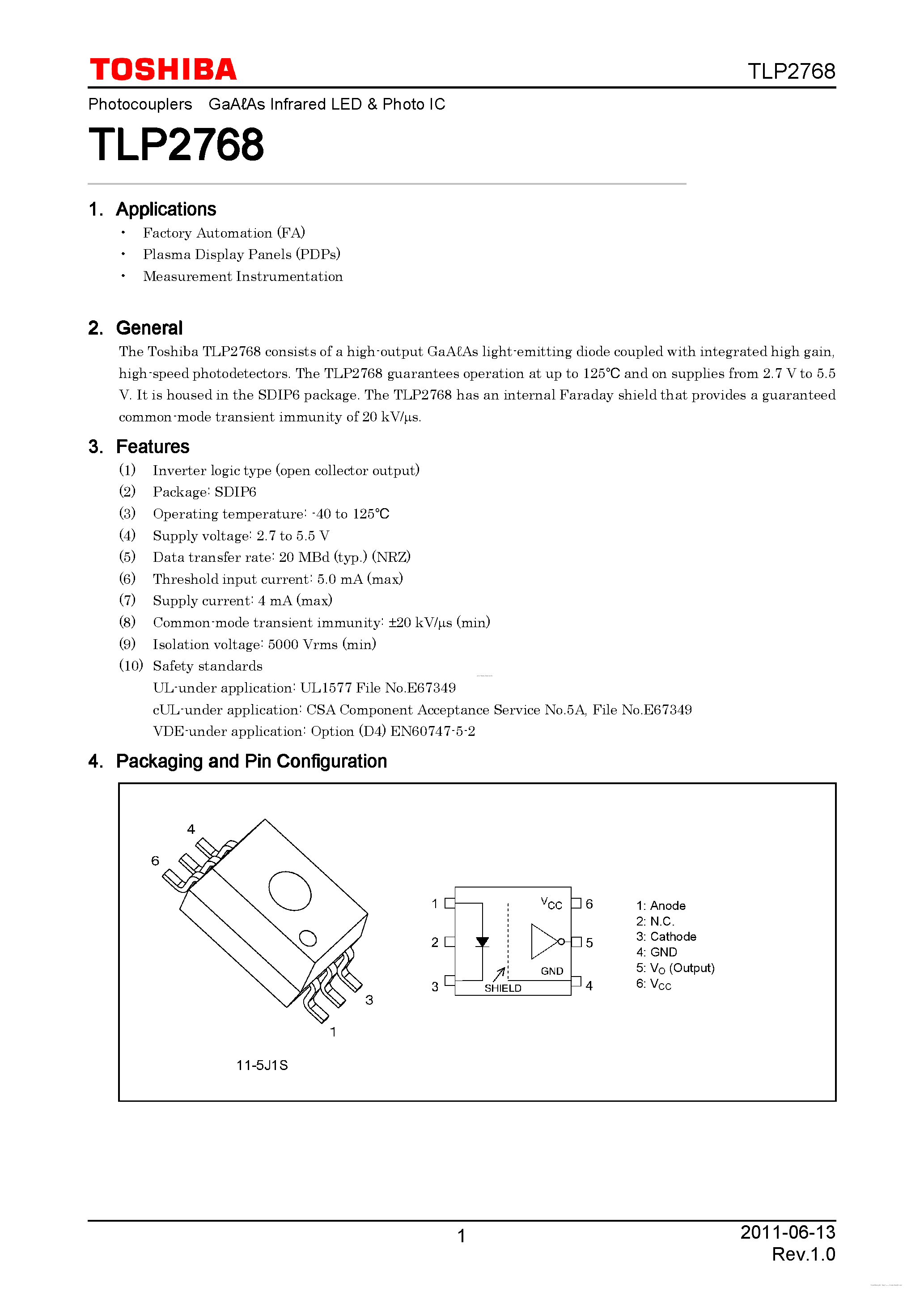Datasheet TLP2768 page 1 Datasheet TLP2768 - GaAs Infrared LED & Photo IC page 1