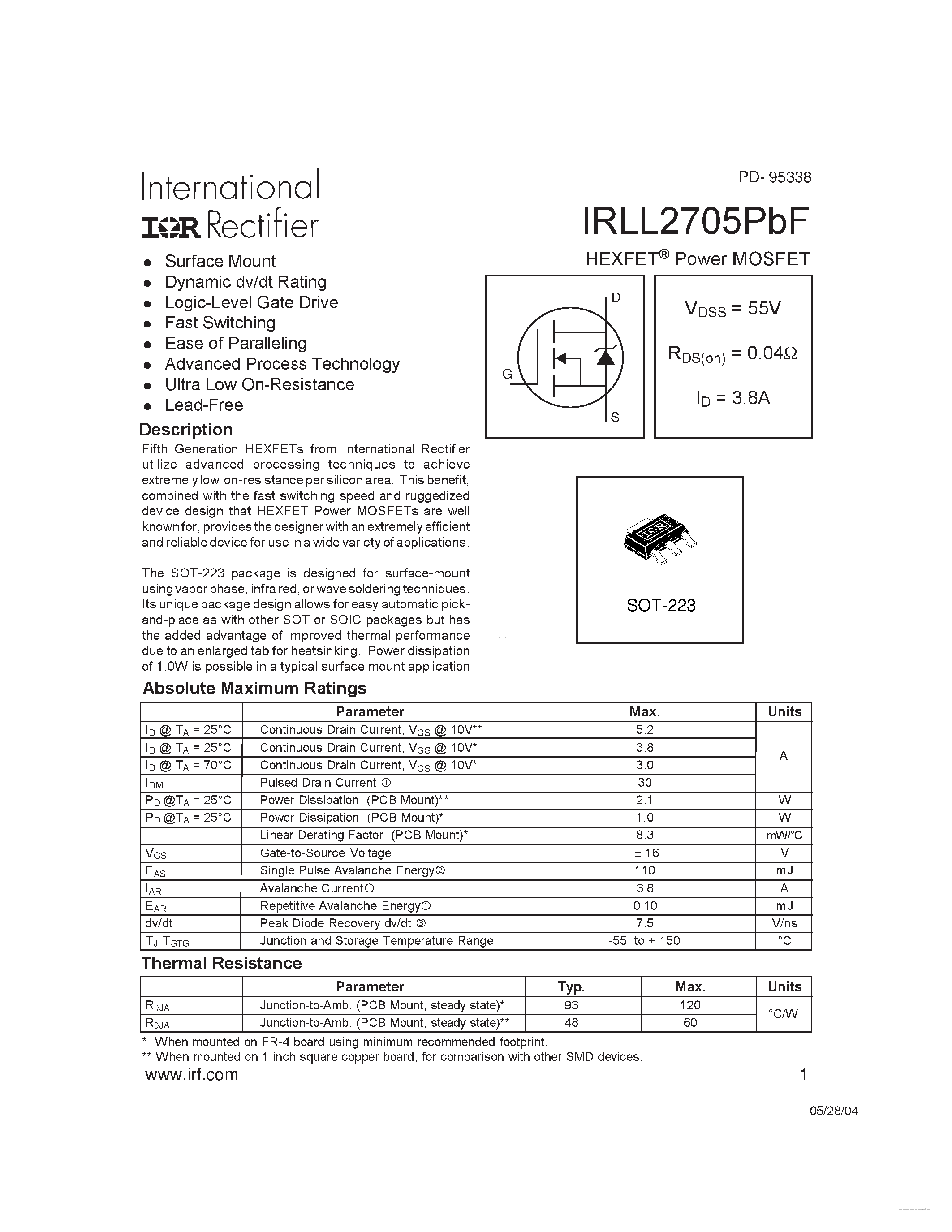 Datasheet IRLL2705PBF page 1 Datasheet IRLL2705PBF - page 1
