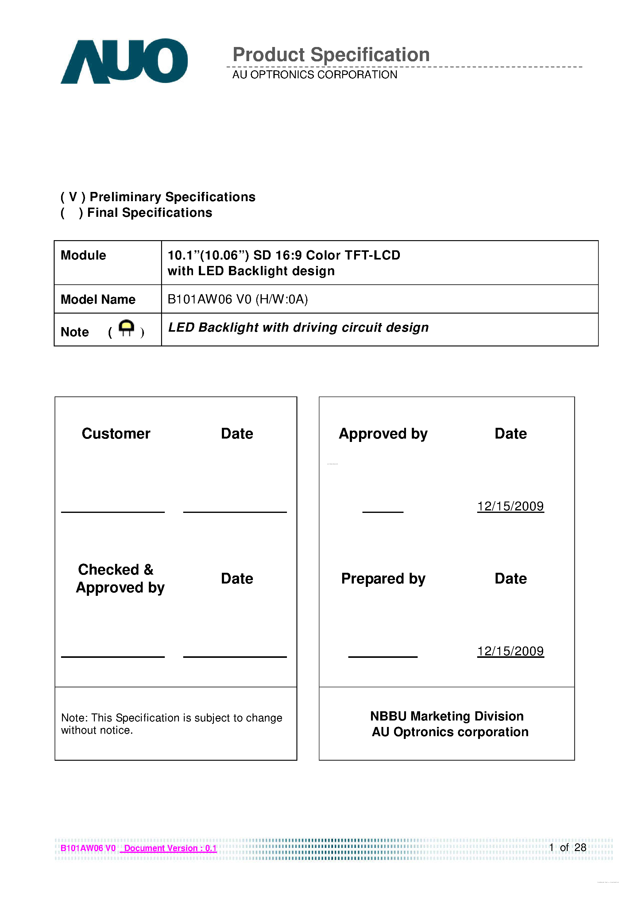 Даташит на микросхему B101AW06-V0 страница 1 Даташит B101AW06-V0 - SD 16:9 Color TFT-LCD страница 1