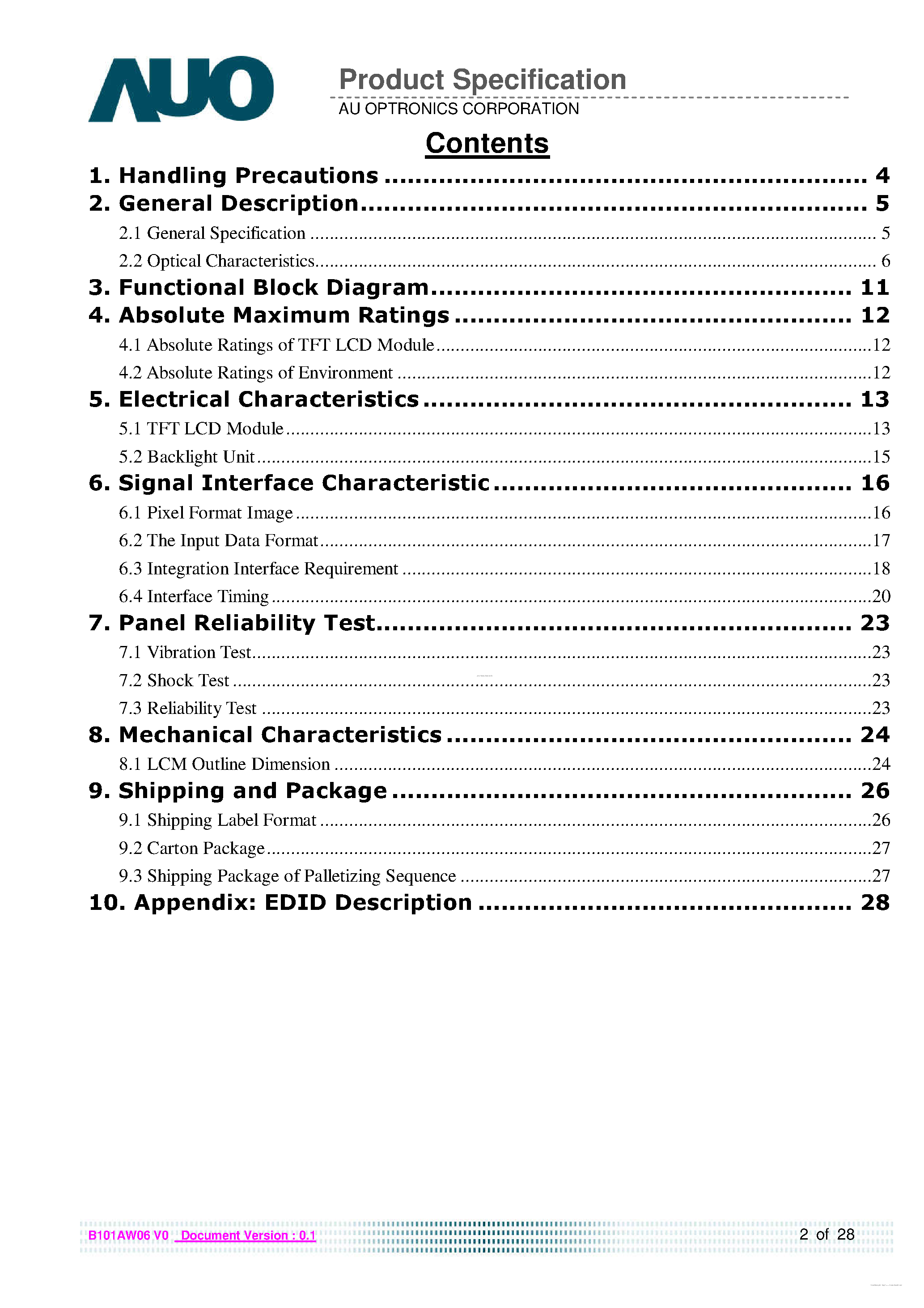 Даташит на микросхему B101AW06-V0 страница 2 Даташит B101AW06-V0 - SD 16:9 Color TFT-LCD страница 2