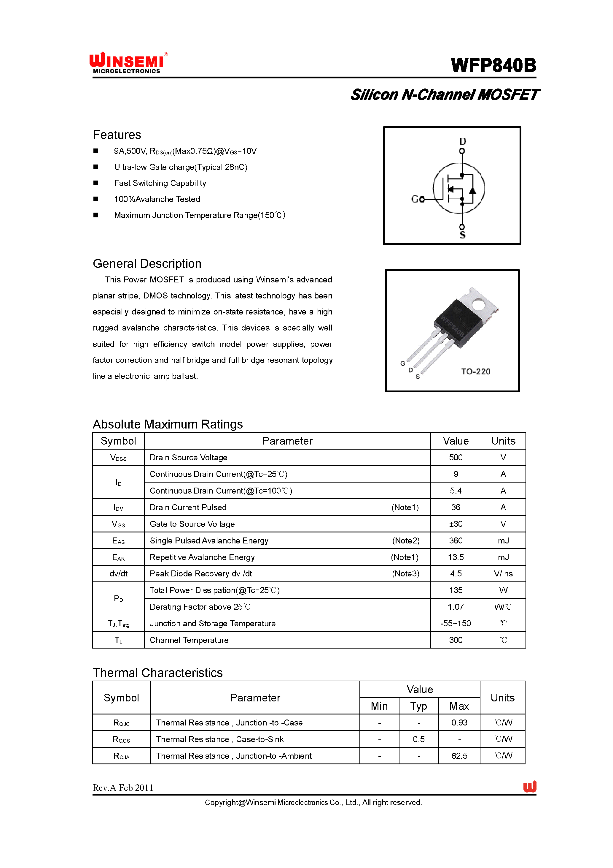 Даташит на микросхему WFP840B страница 1 Даташит WFP840B - Silicon N-Channel MOSFET страница 1