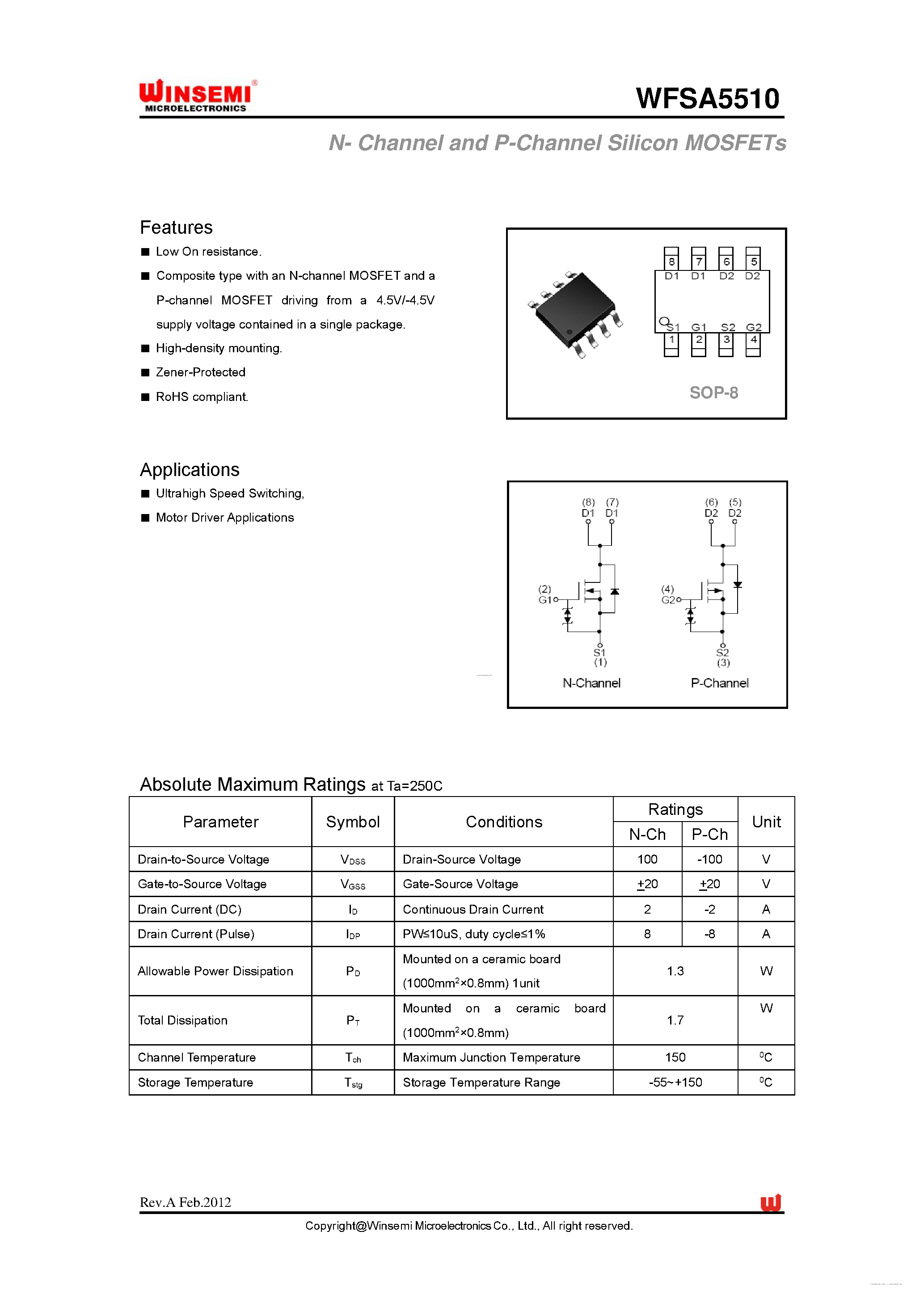 Даташит на микросхему WFSA5510 страница 1 Даташит WFSA5510 - N- Channel and P-Channel Silicon MOSFETs страница 1