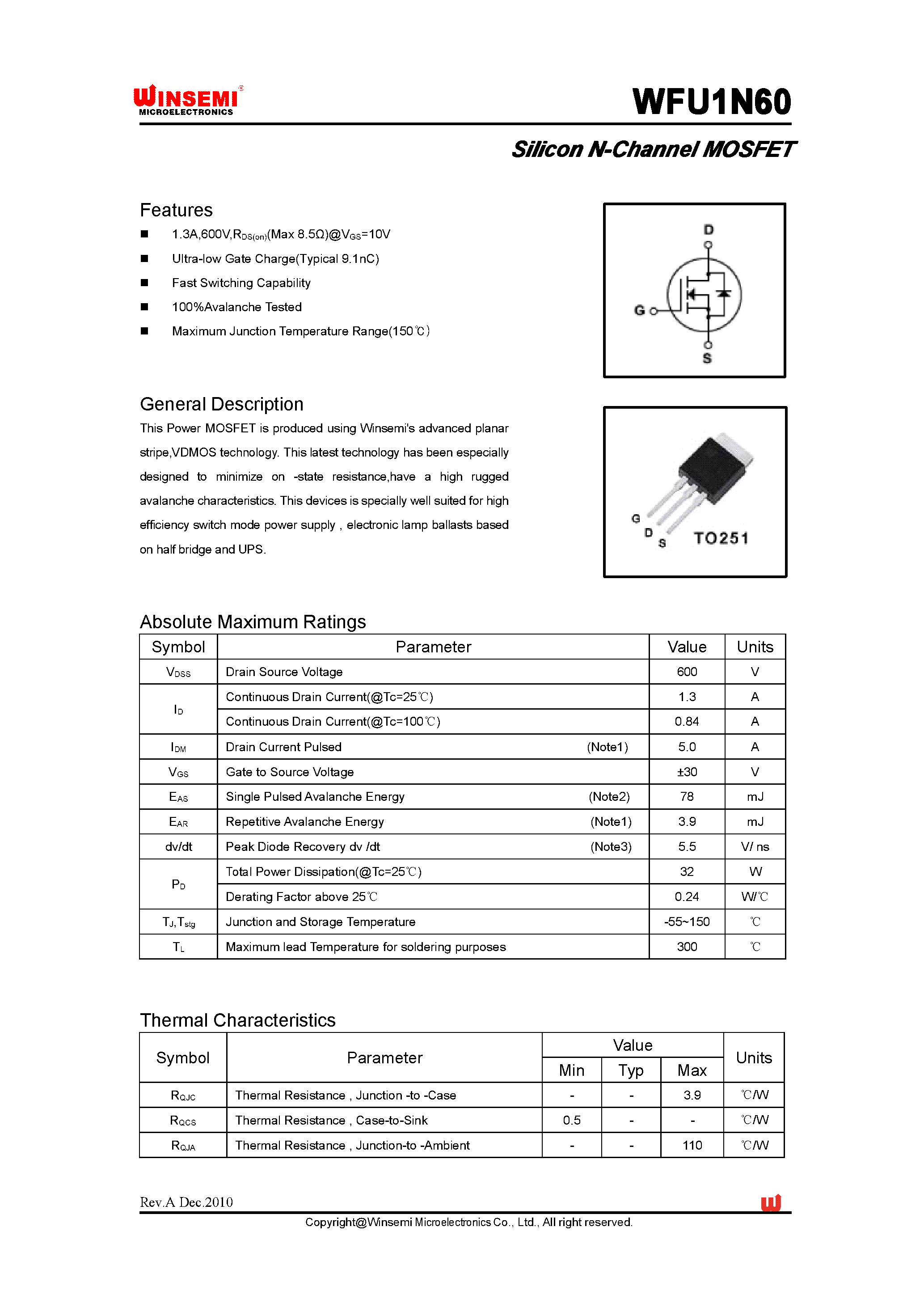 Datasheet WFU1N60 page 1 Datasheet WFU1N60 - Silicon N-Channel MOSFET page 1