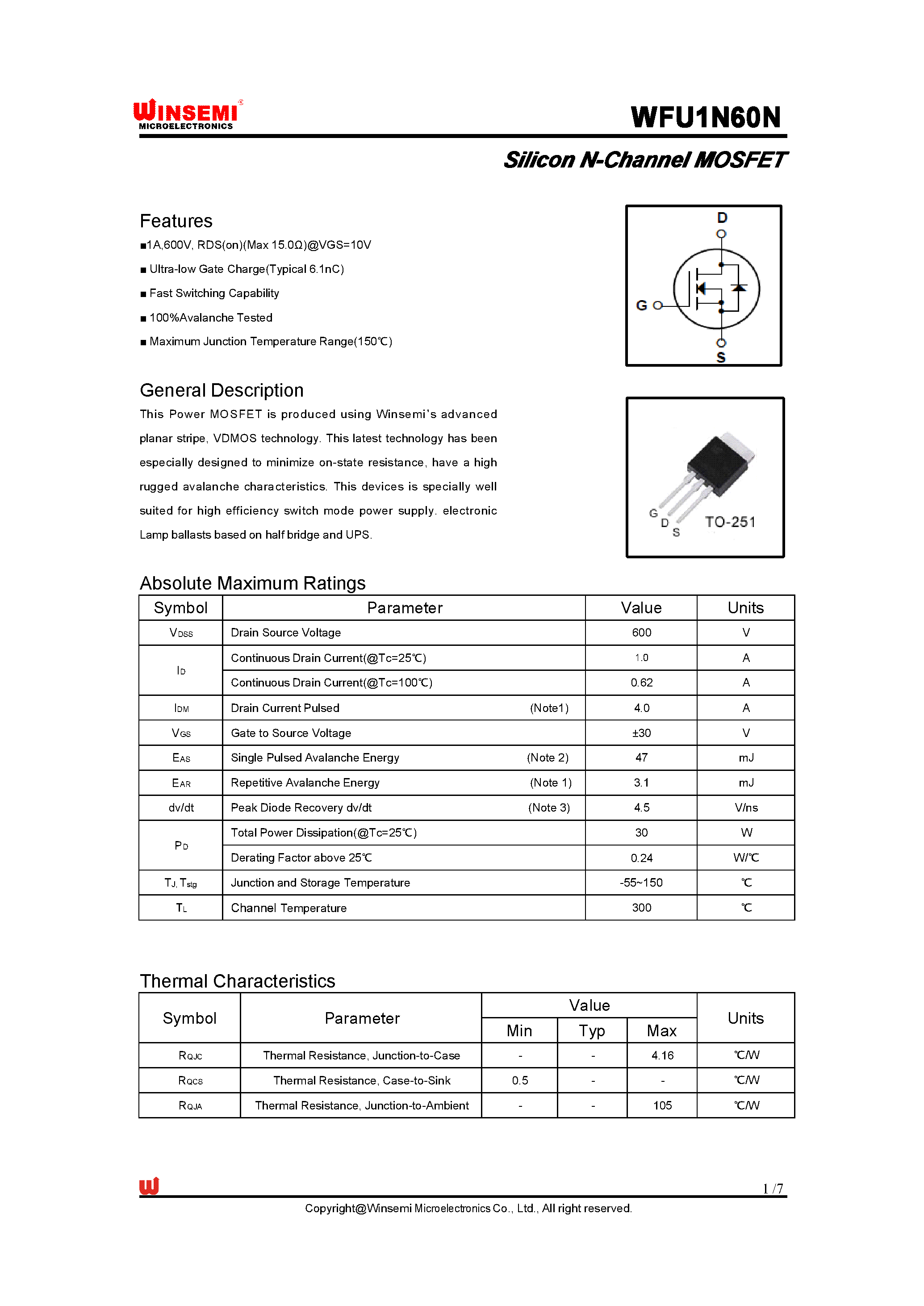 Datasheet WFU1N60N page 1 Datasheet WFU1N60N - Silicon N-Channel MOSFET page 1