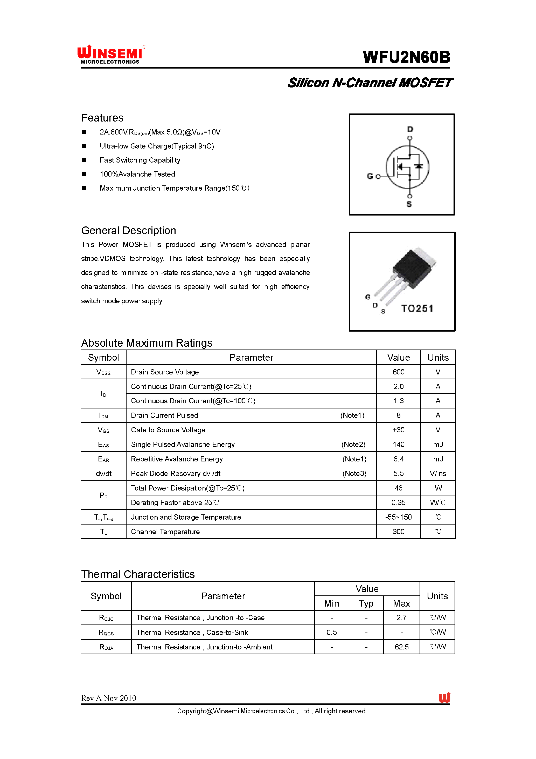 Datasheet WFU2N60B page 1 Datasheet WFU2N60B - Silicon N-Channel MOSFET page 1