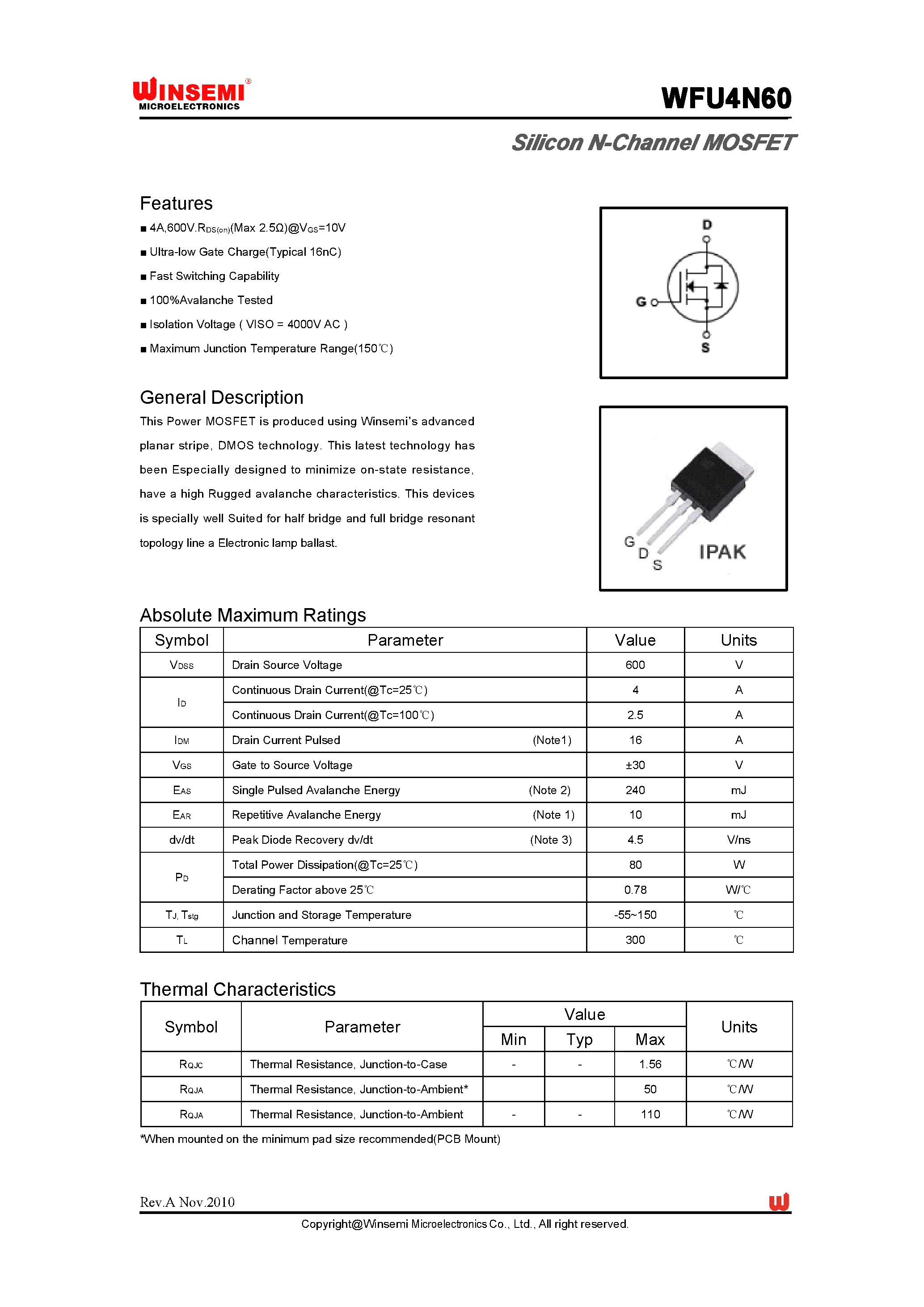 Datasheet WFU4N60 page 1 Datasheet WFU4N60 - Silicon N-Channel MOSFET page 1